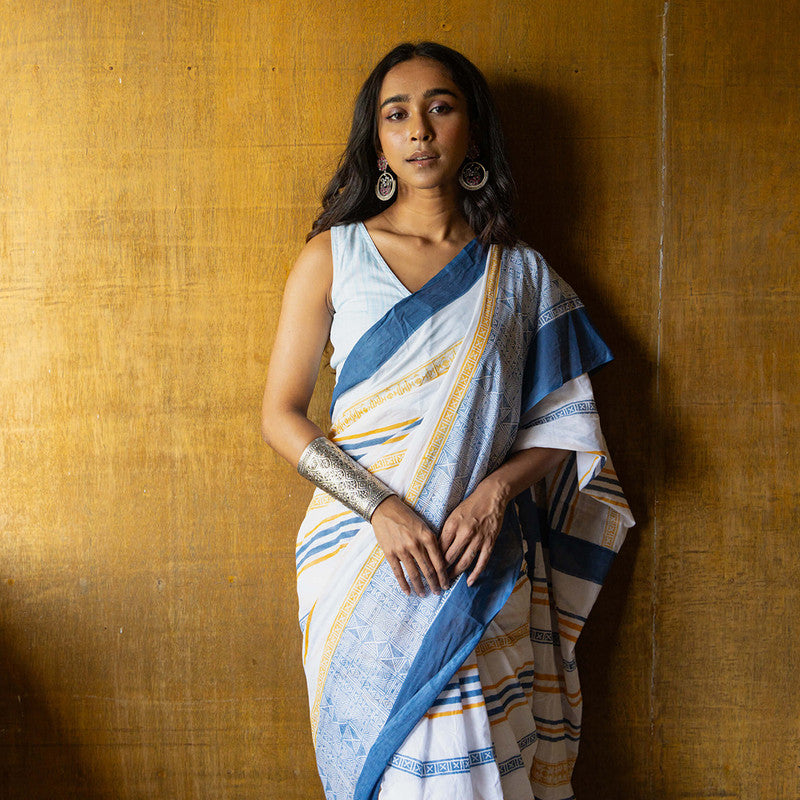 Cotton Printed Saree | Hand Block Print | White & Blue、mySite、camillekostekn