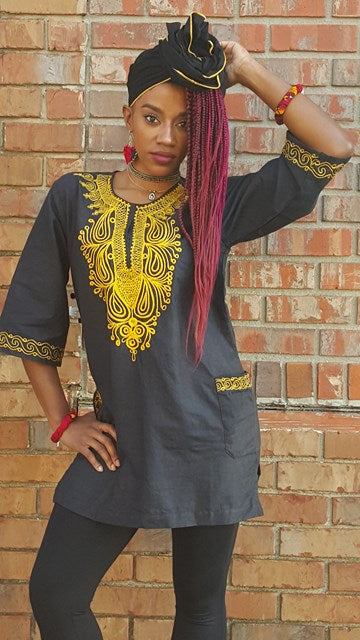 Black cotton Dashiki with Gold Embroidery DP3781W、mySite、solidvoid