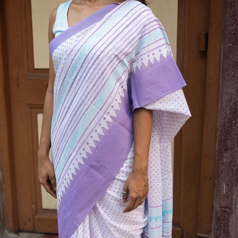 Cotton Saree | Hand Block Print | White & Purple、mySite、camillekostekn
