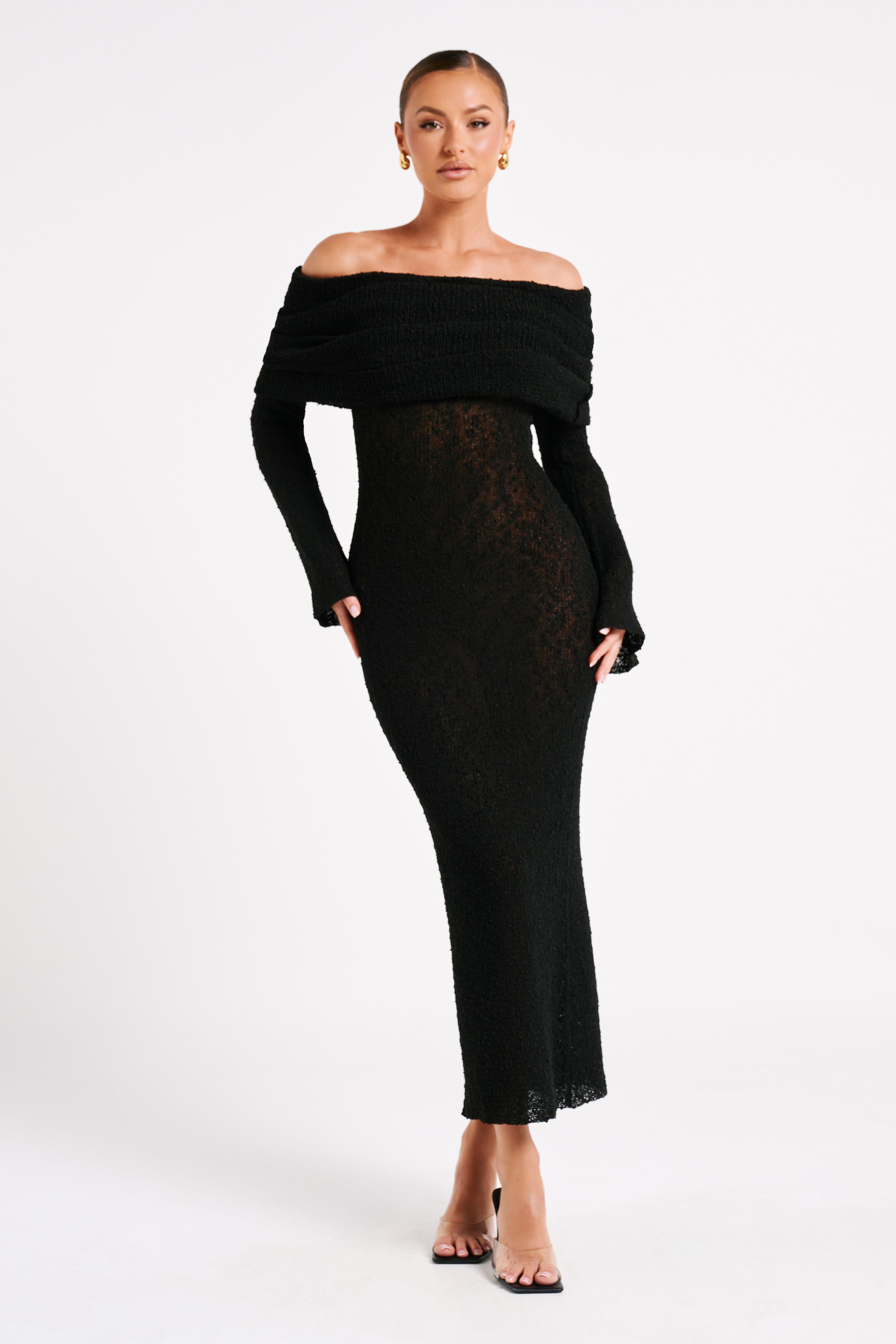 Marisol Off Shoulder Boucle Maxi Dress - Black、mySite、solidvoid