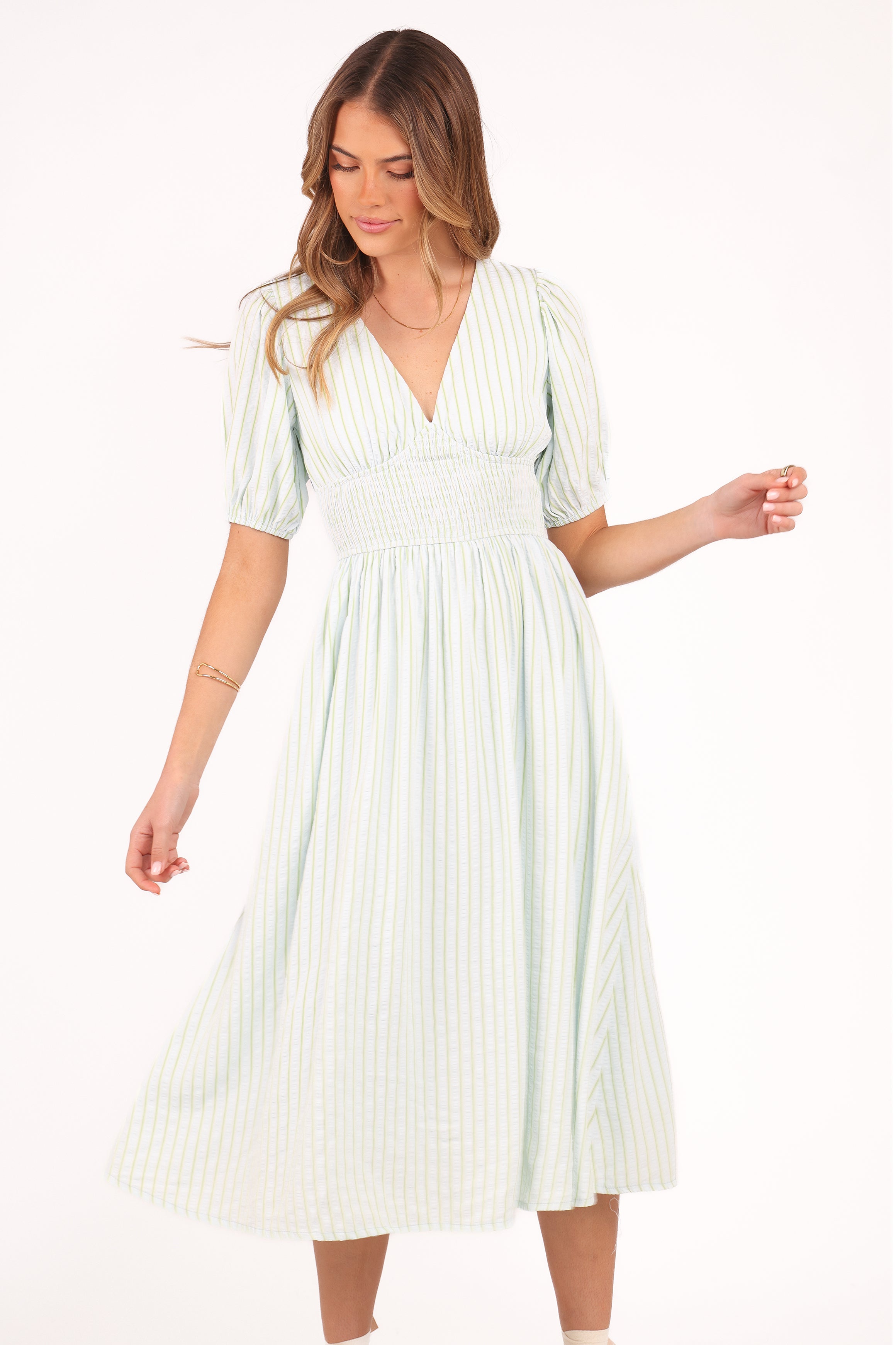  Ronnie Short Sleeve Midi Dress - Green Blue Stripe、mySite、sugarbowlscore