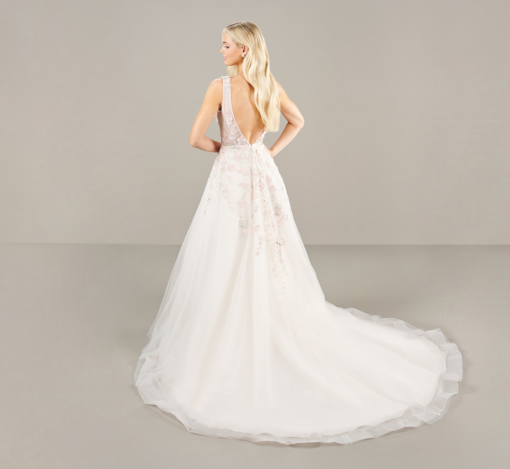 Plunging V Neck With Blush Multi Lace Applique Gown In Ivory Blush Multi、mySite、solidvoid