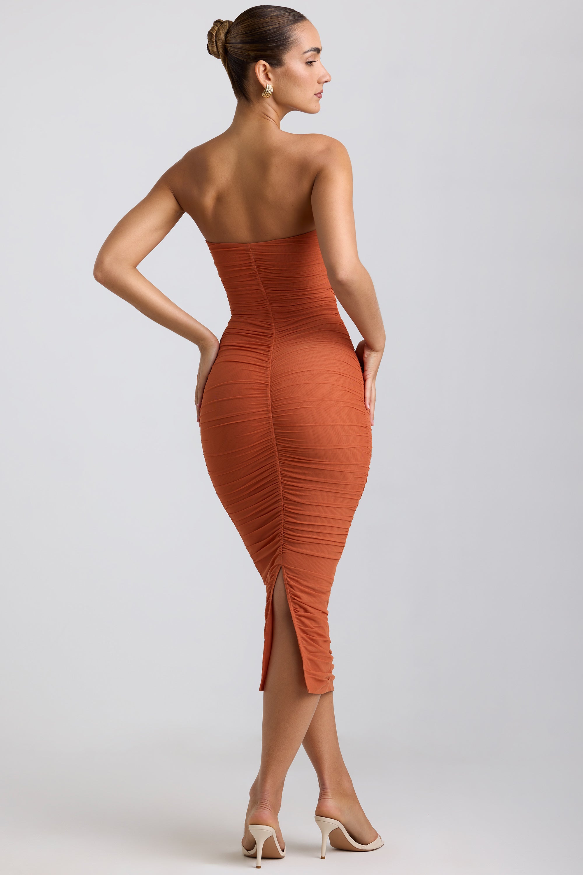 Ruched Hardware Detail Strapless Midaxi Dress in Burnt Orange、mySite、solidvoid