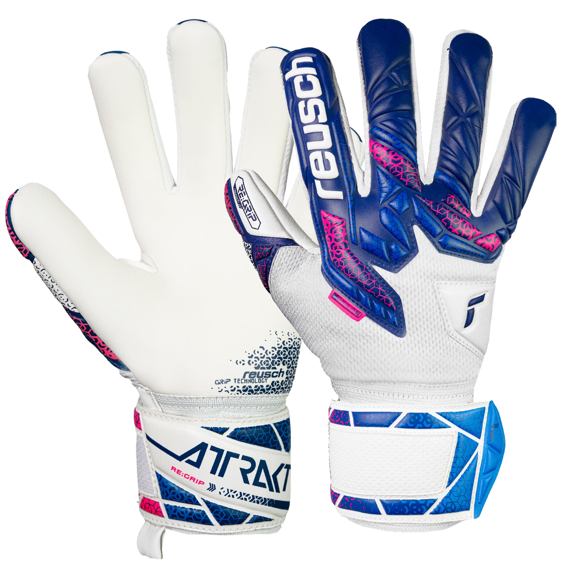 Reusch Kids Attrakt RE. Grip NC Fingersave Goalkeeper Gloves White/Blue/Pink、mySite、noshort