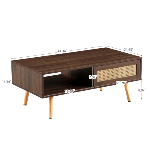 41.34" Rattan Coffee table, sliding door for storage, solid wood legs, Modern table for living room , natural、、casual