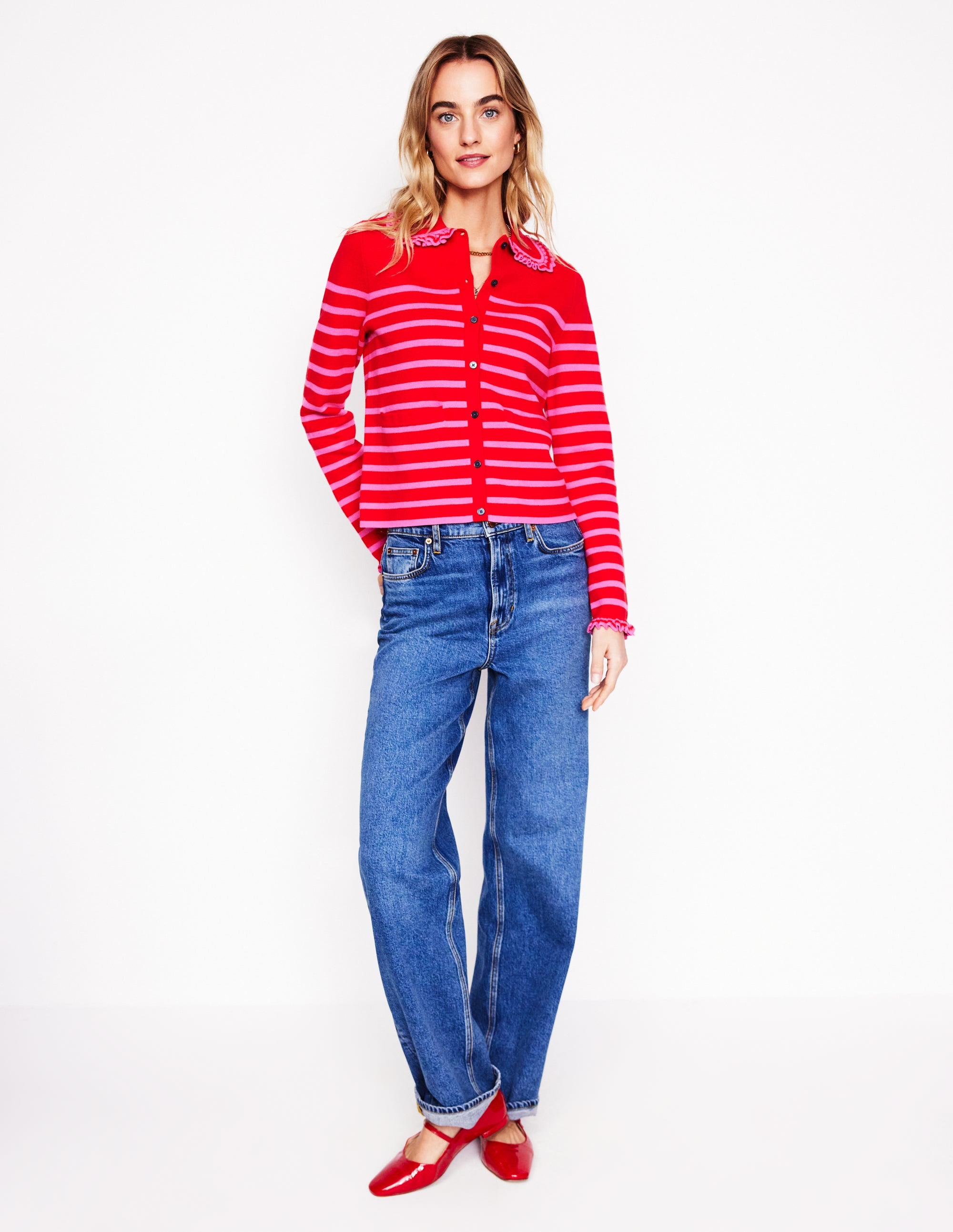  Jessie Frill Collared Cardigan-Poppy Red, Sorbet Pink Stripe、mySite、ashleygrahame