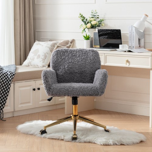 A&A Furniture Office Chair,Artificial rabbit hair Home Office Chair with Golden Metal Base,Adjustable Desk Chair Swivel Office Chair,Vanity Chair(Orange)、、casual