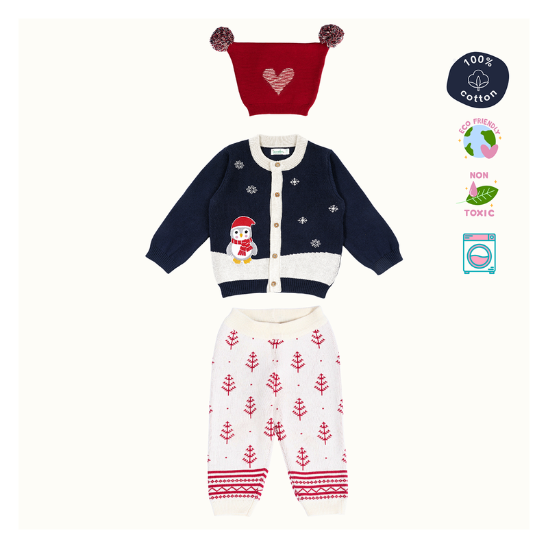 Cotton Jacquard Sweater, Lower & Cap Set | Penguine Printed | Navy Blue & Pink | Set of 3、mySite、camillekostekn
