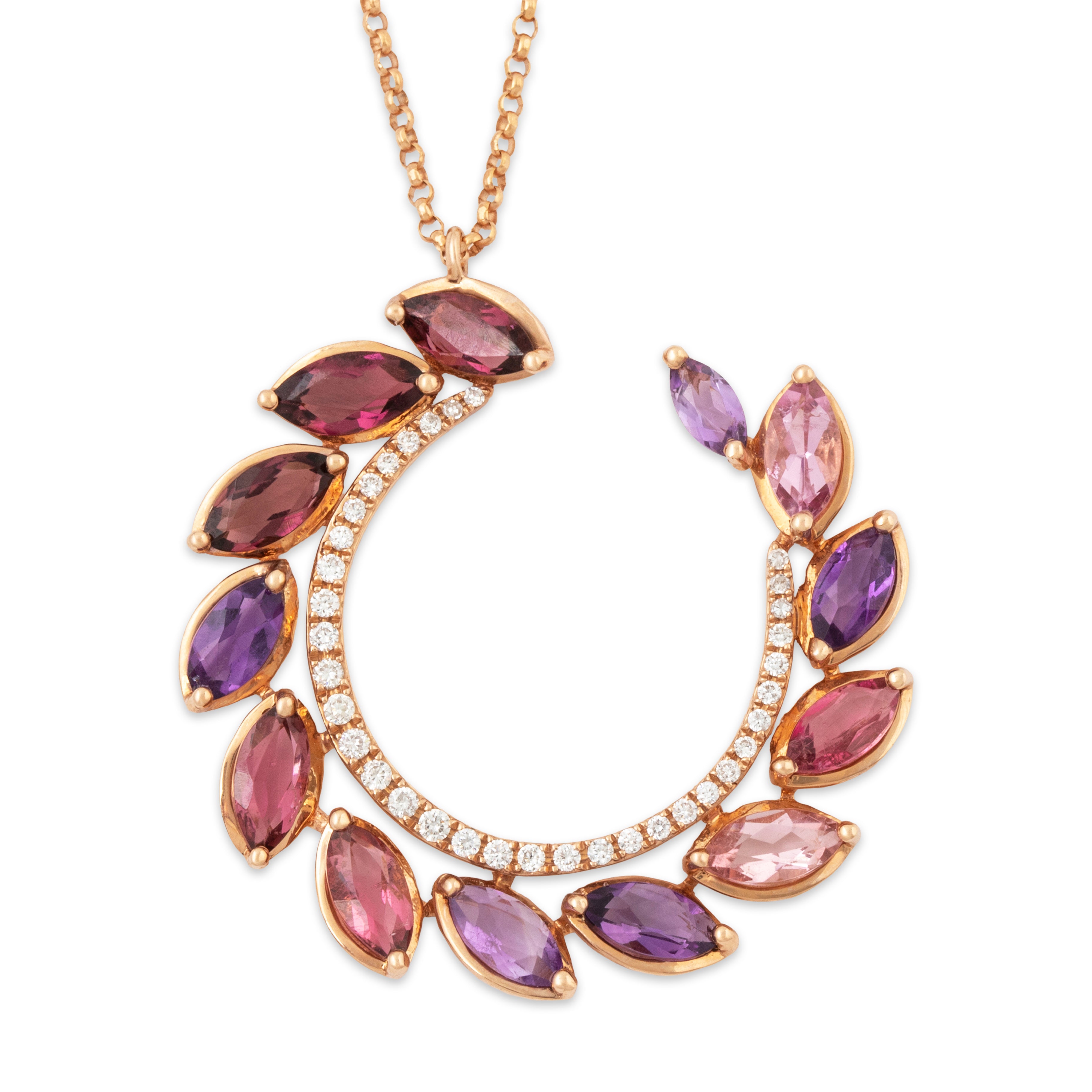 Vintage Large 14k Rose Gold 1.52cttw Tourmaline Amethyst Leaf Array Necklace 18、mySite、hinf8tx79