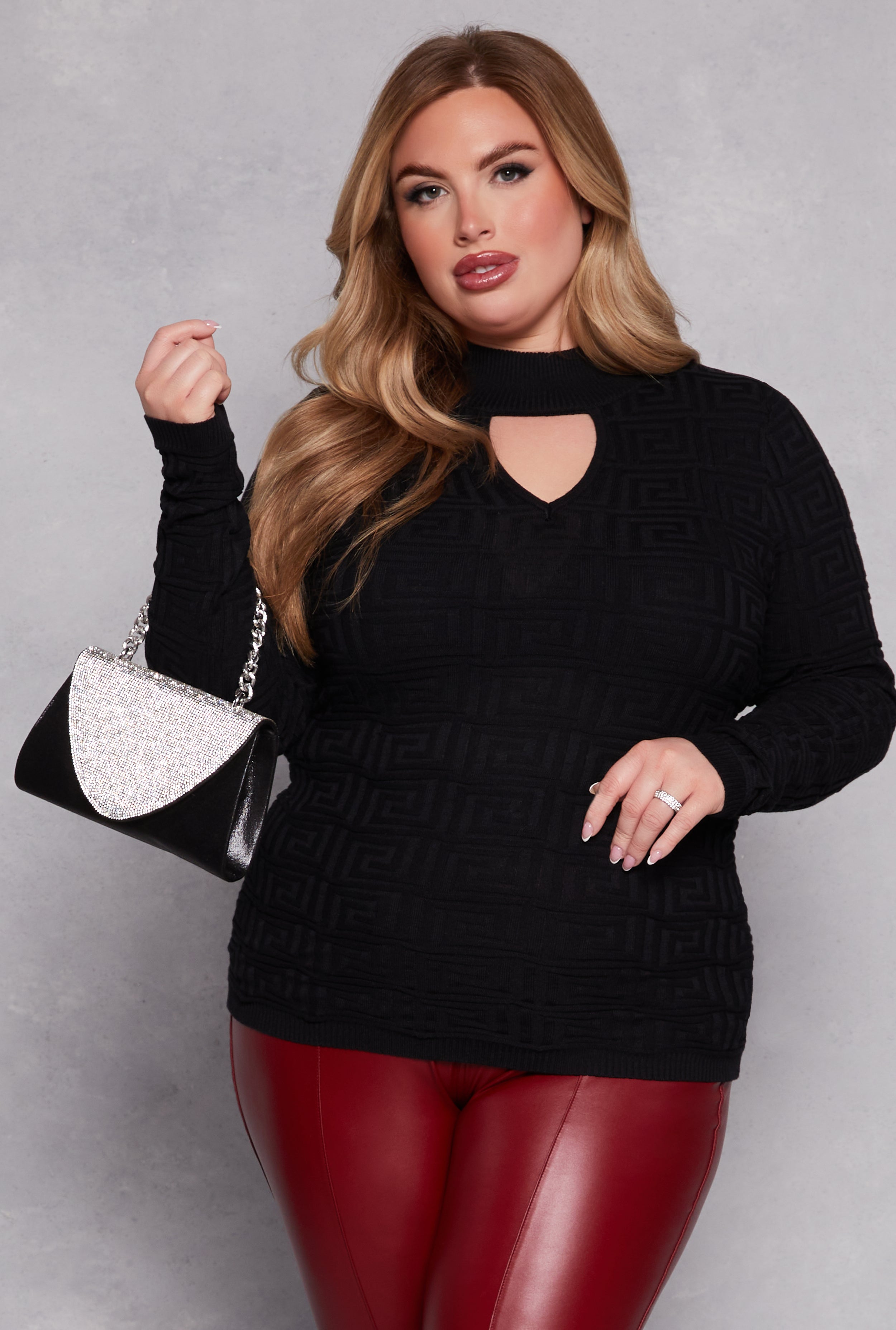 Plus Size Greek Key Mock Neck Keyhole Sweater、mySite、camillekostekn