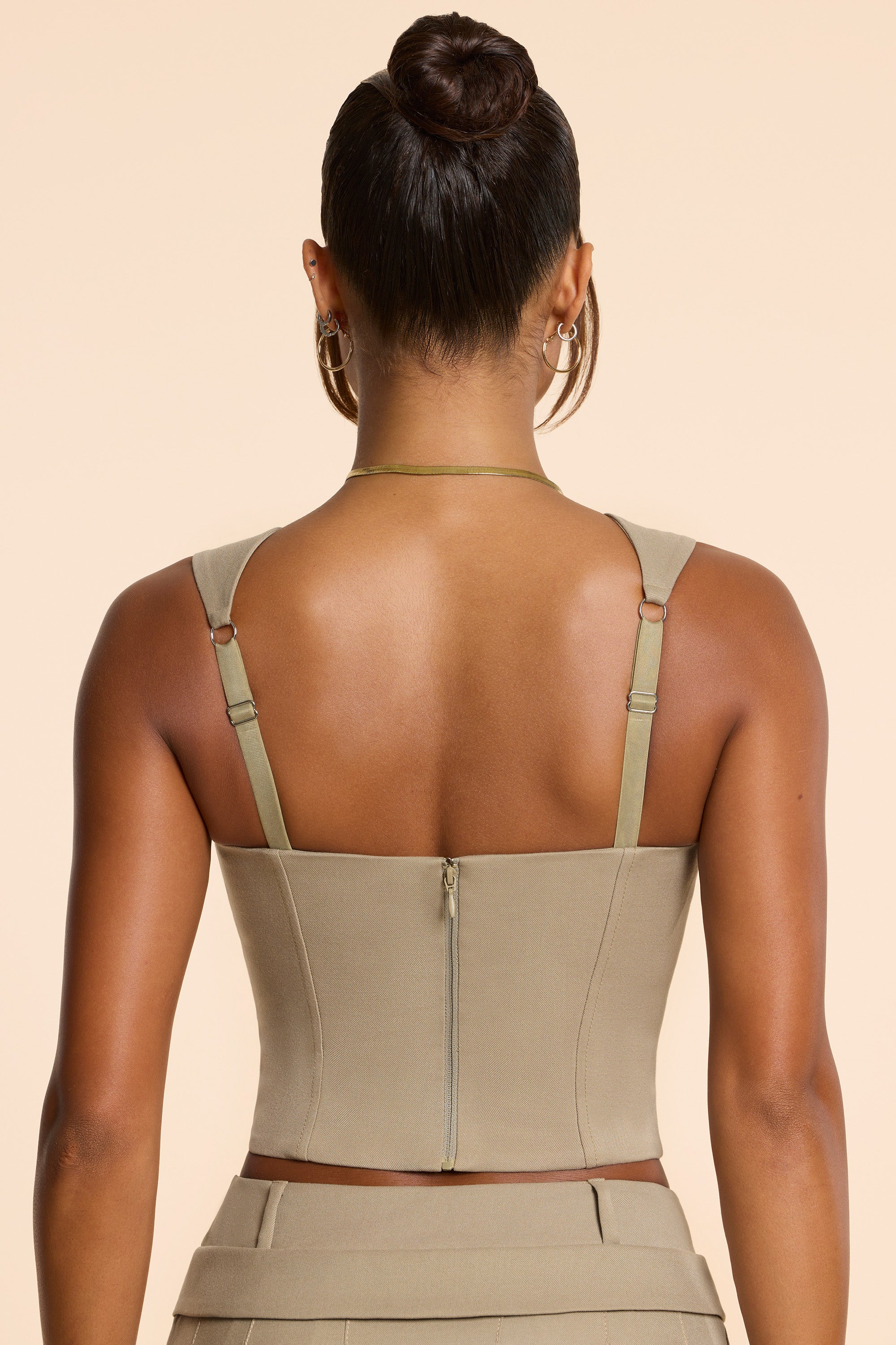 Brushed Twill Square Neck Tailored Top in Taupe、mySite、solidvoid