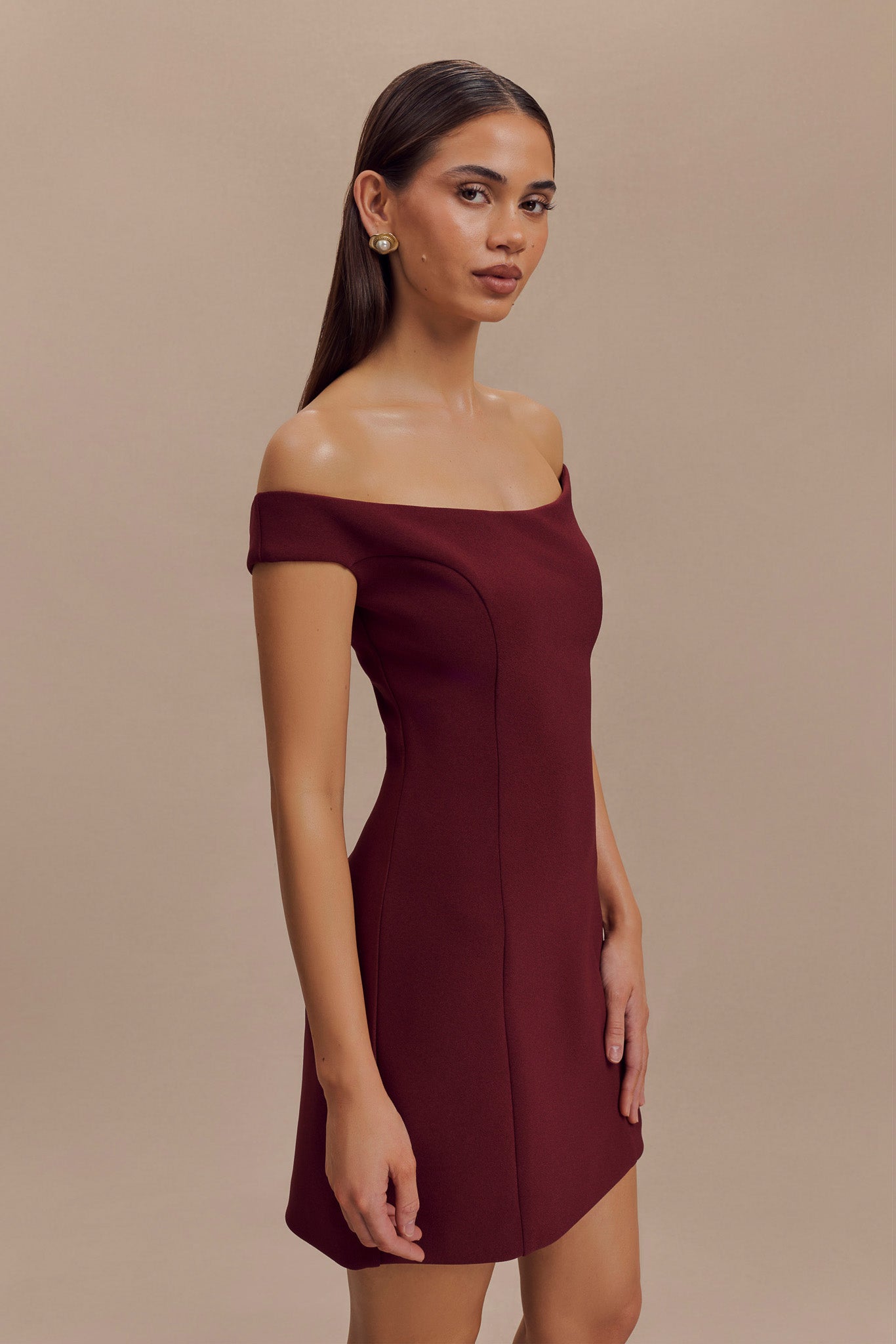 Cassidy Crepe Off Shoulder Mini Dress - Merlot、mySite、solidvoid