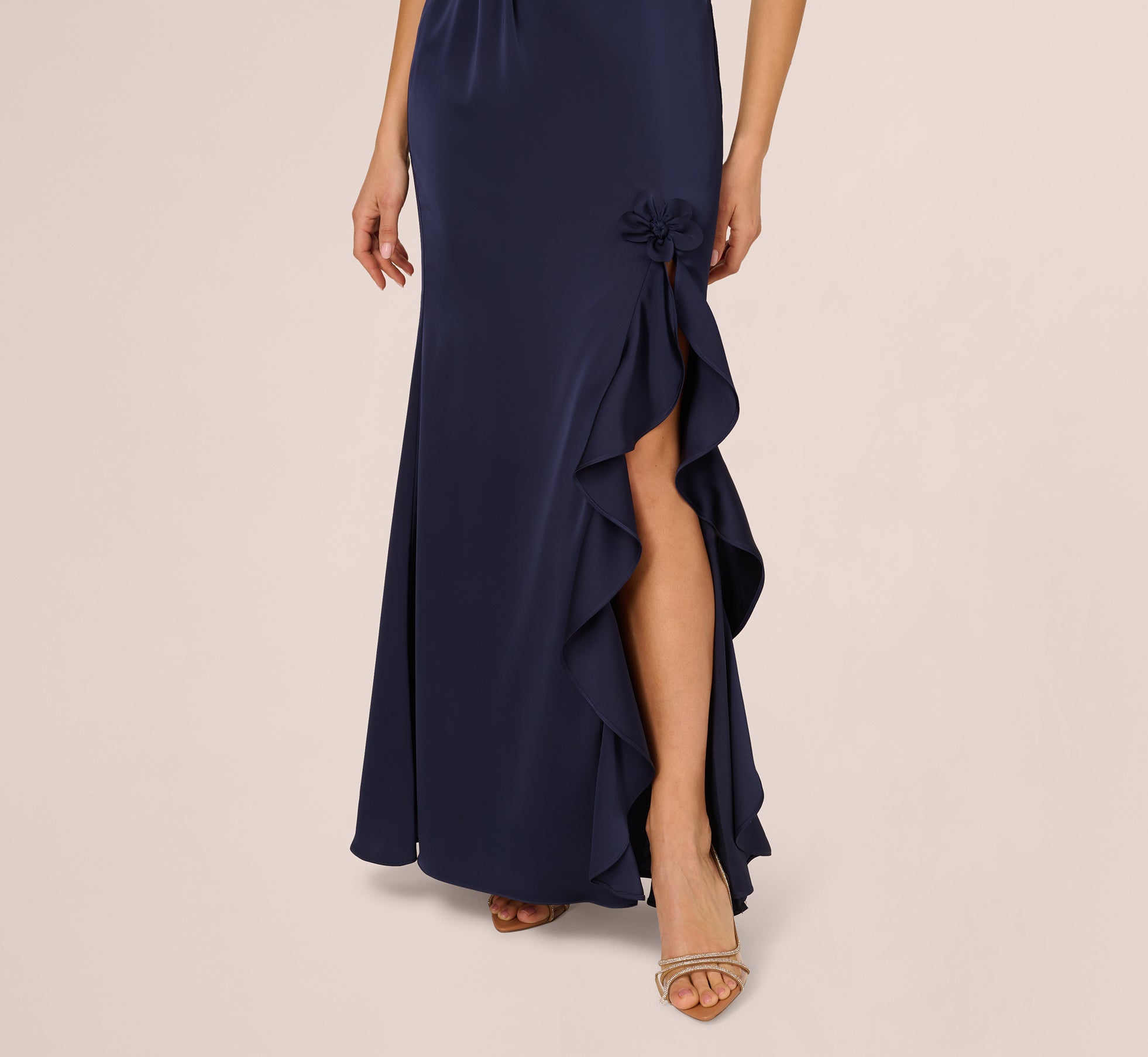 One Shoulder Satin Floral Applique Gown In Dark Navy、mySite、solidvoid