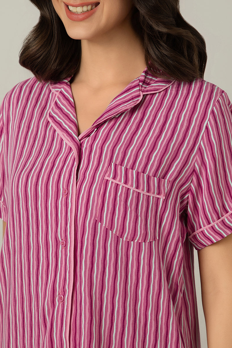  Half-sleeves Sleep PJ Set - Fuchsia Stripe Print、mySite、justintrudeaud