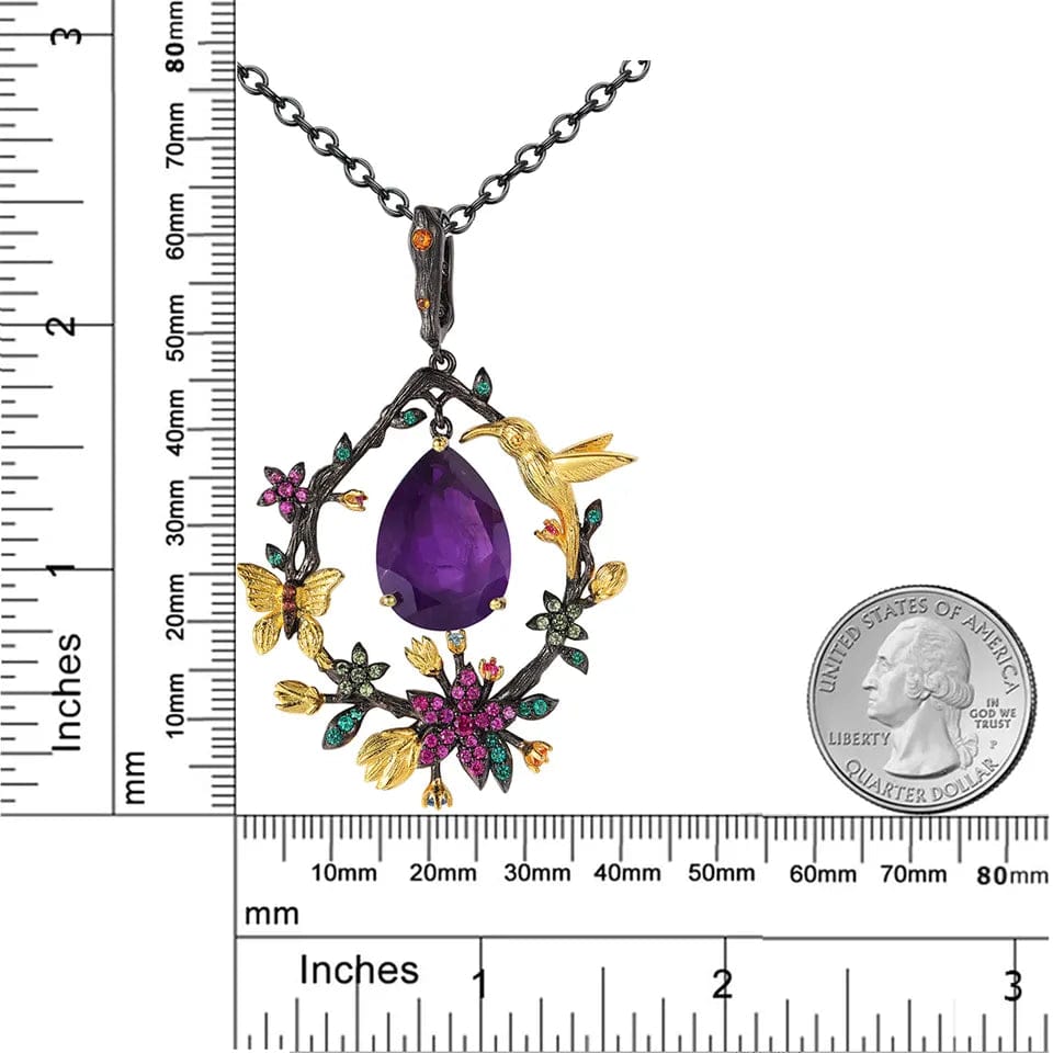 Hummingbird Floral Statement Necklace 925 Sterling Silver Waterproof Vintage Topaz, Amethyst or Citrine、mySite、g9winljtr