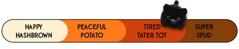 A Spudsters black cat plush by Aurora that is placed at tired tater tot on the spud-o-meter