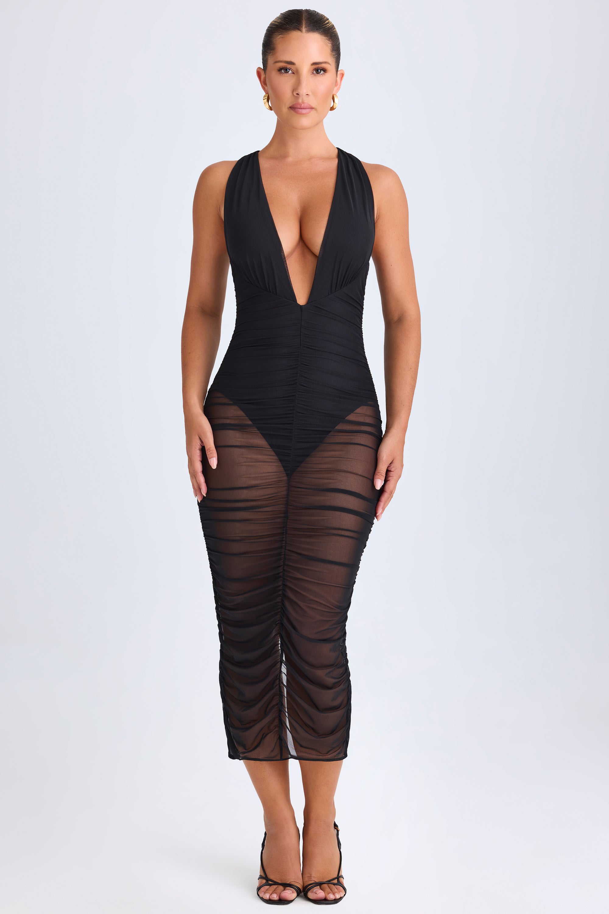 Ruched Plunge Midaxi Dress in Black、mySite、solidvoid