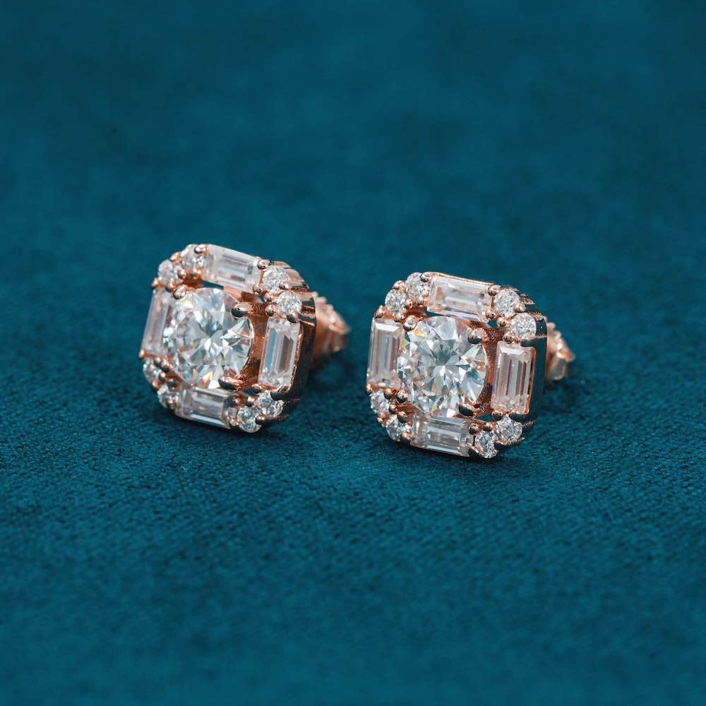 Moissanite Baguette Halo Stud Earrings 14K Gold、mySite、hinf8tx79