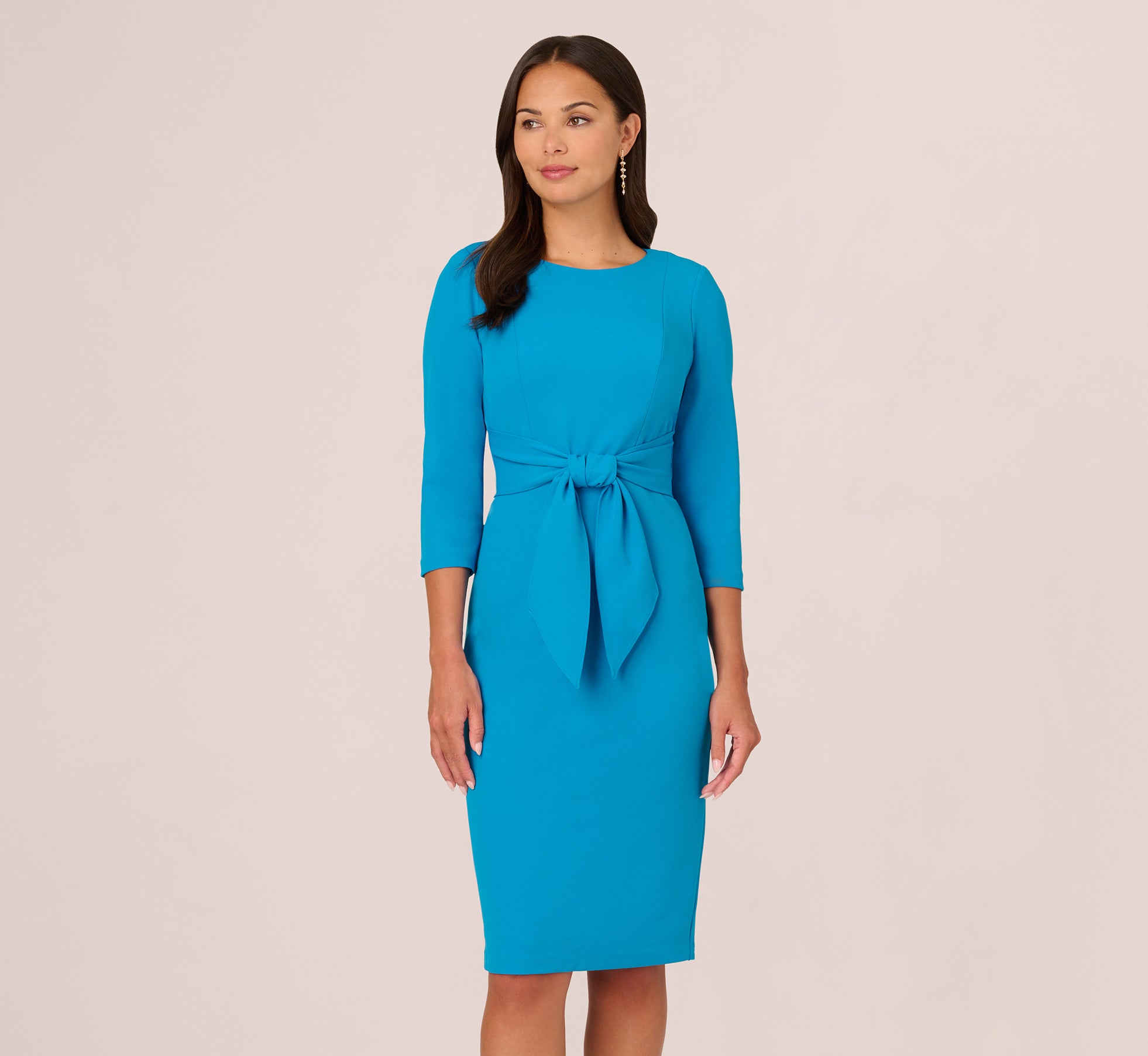 Knit Crepe Bow Sheath Dress With Three Quarter Sleeves In Blue Coast、mySite、solidvoid
