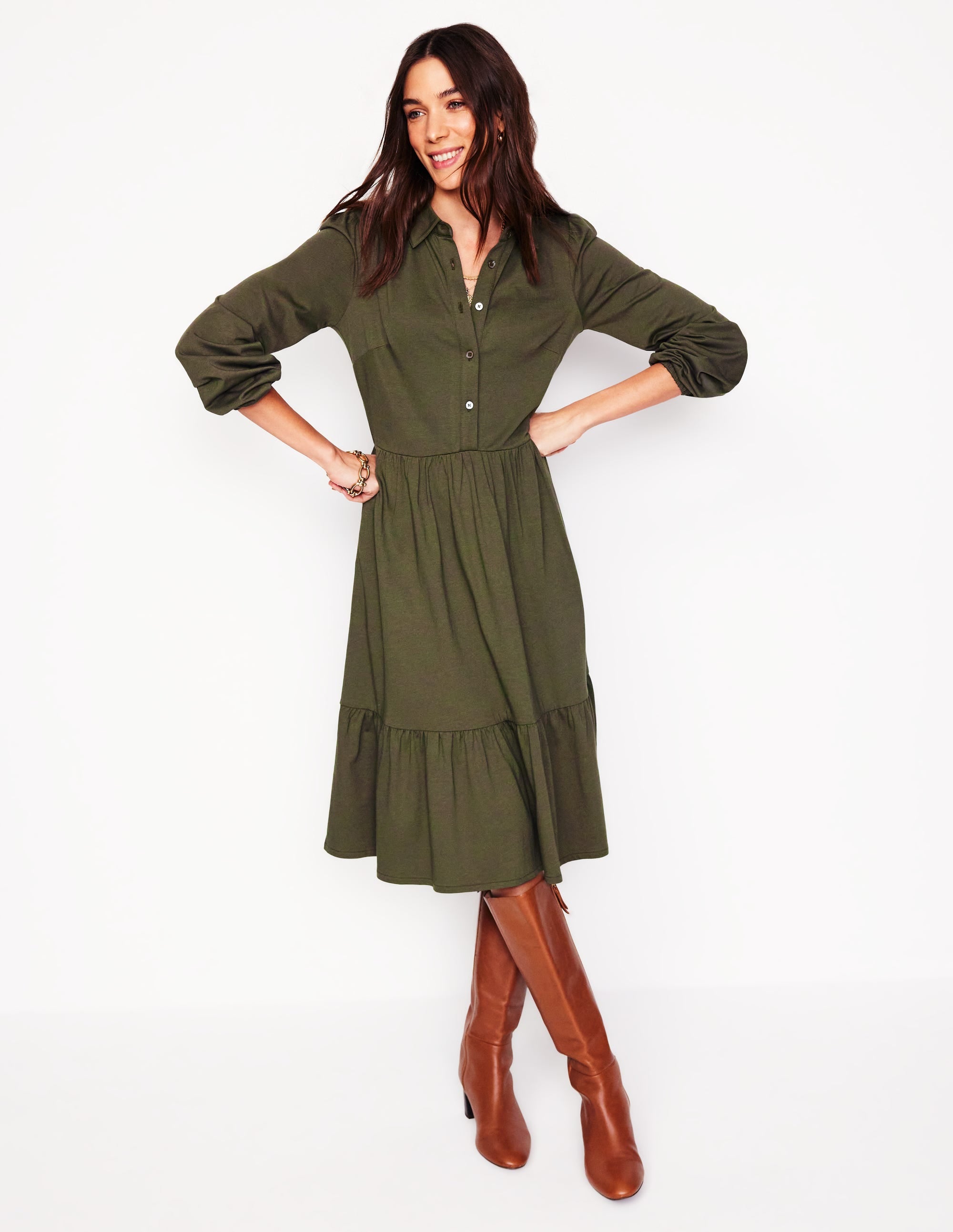  Jemima Tiered Jersey Dress-Classic Khaki、mySite、ashleygrahame