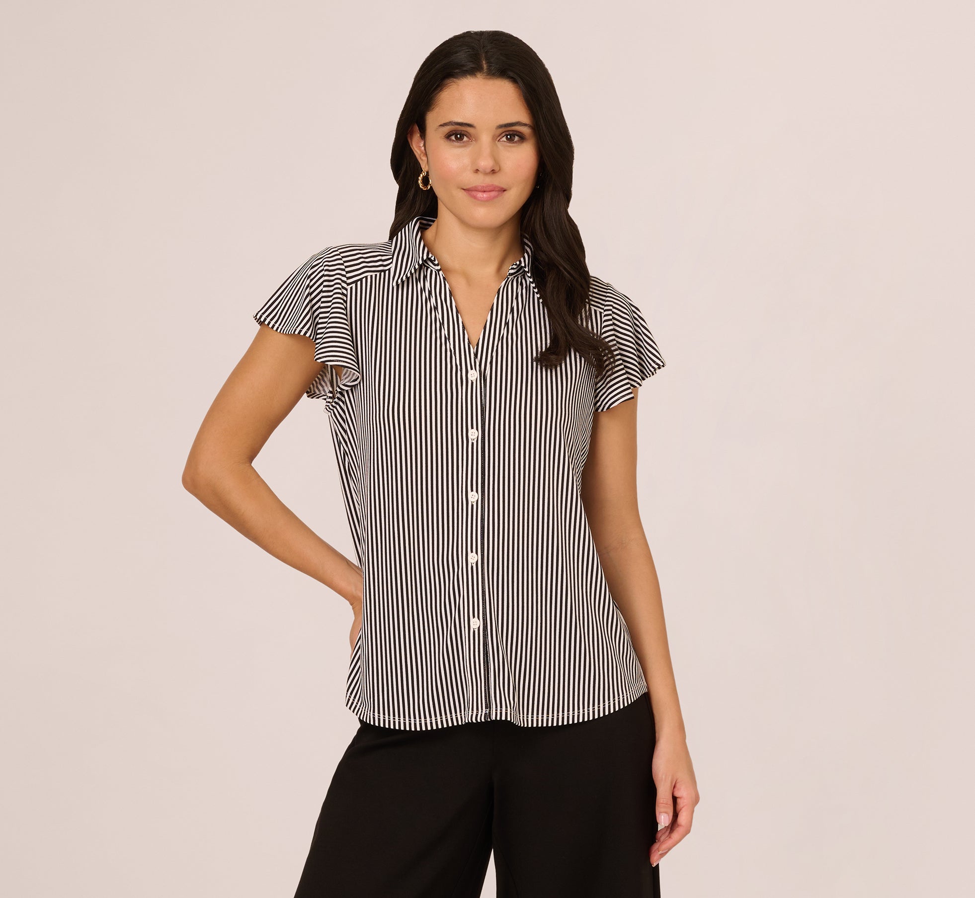 Flutter Sleeve Button Front Printed Top In Black Ivory Small Stripe、mySite、solidvoid