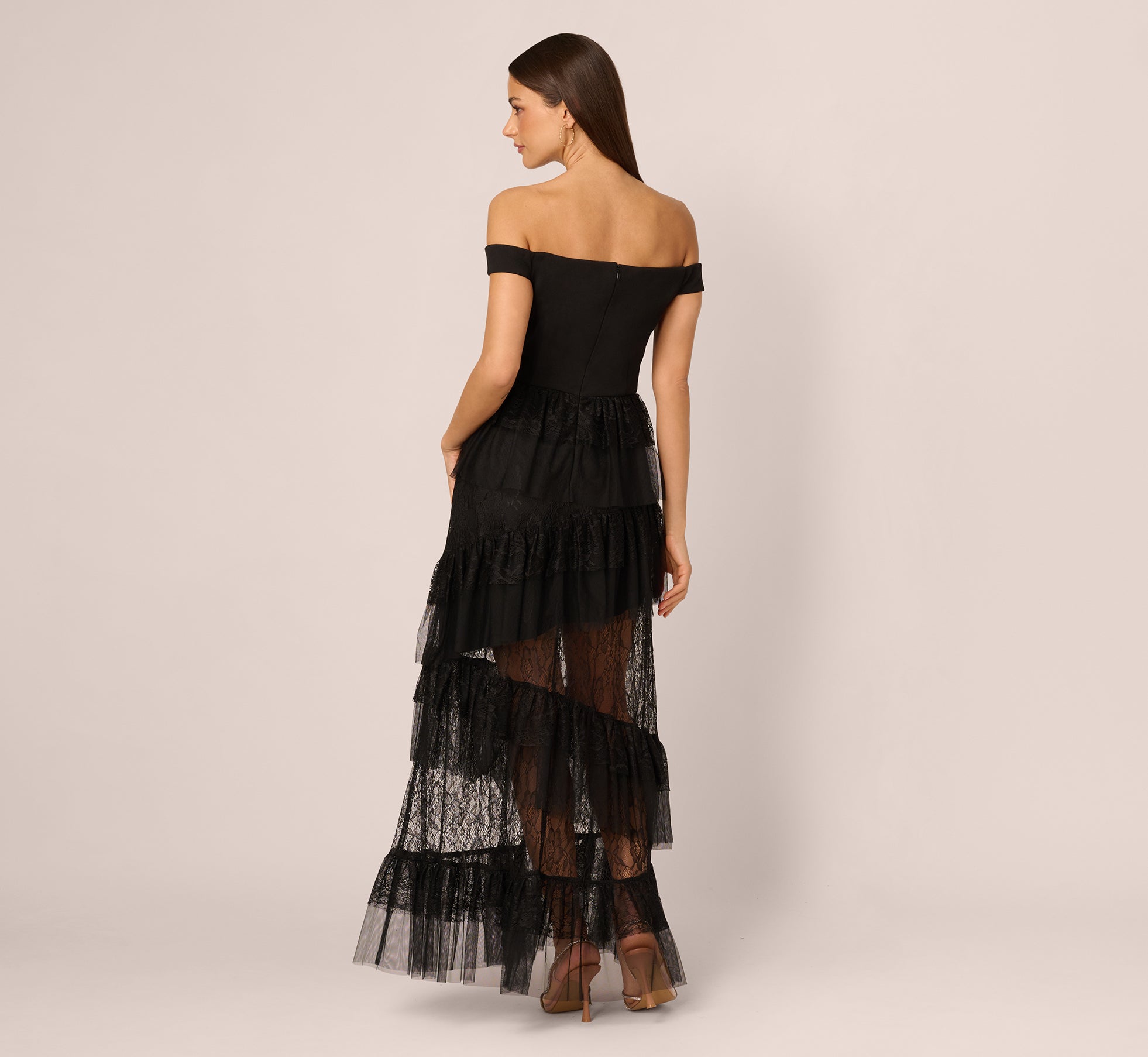 Off Shoulder Lace Ruffle Combo Gown In Black、mySite、solidvoid