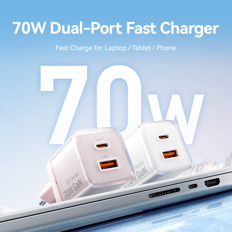 Vention 2-Port USB (C + A) GaN Charger (70W/22.5W) EU-Plug Transparent Gray、mySite、fannypackpong