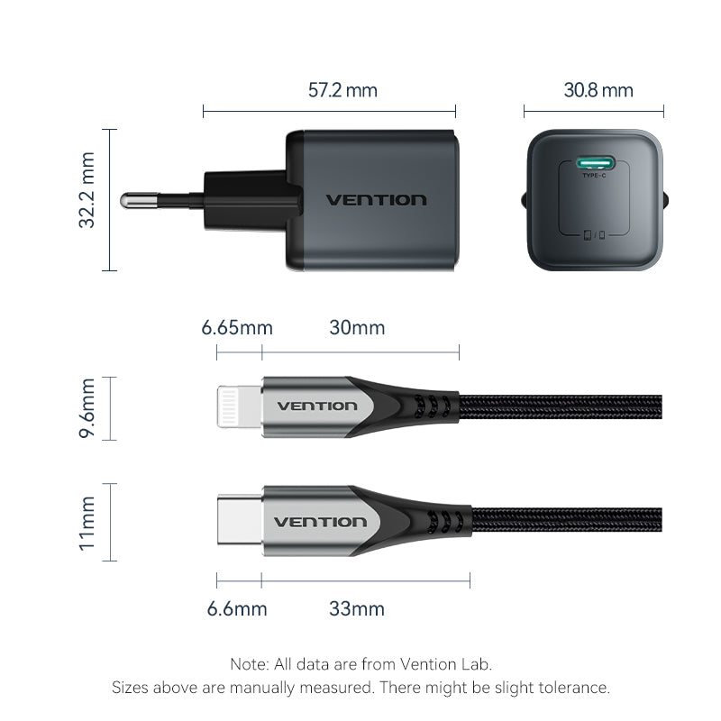 Vention 1-Port USB-C GaN Charger (20W) Gray with USB-C to Lightning Cable (1M) Black EU-Plug、mySite、fannypackpong