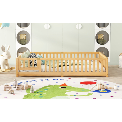 Twin Size Bed Floor Bed with Safety Guardrails and Door for Kids, Natural(Old SKU: W158090686)、、casual