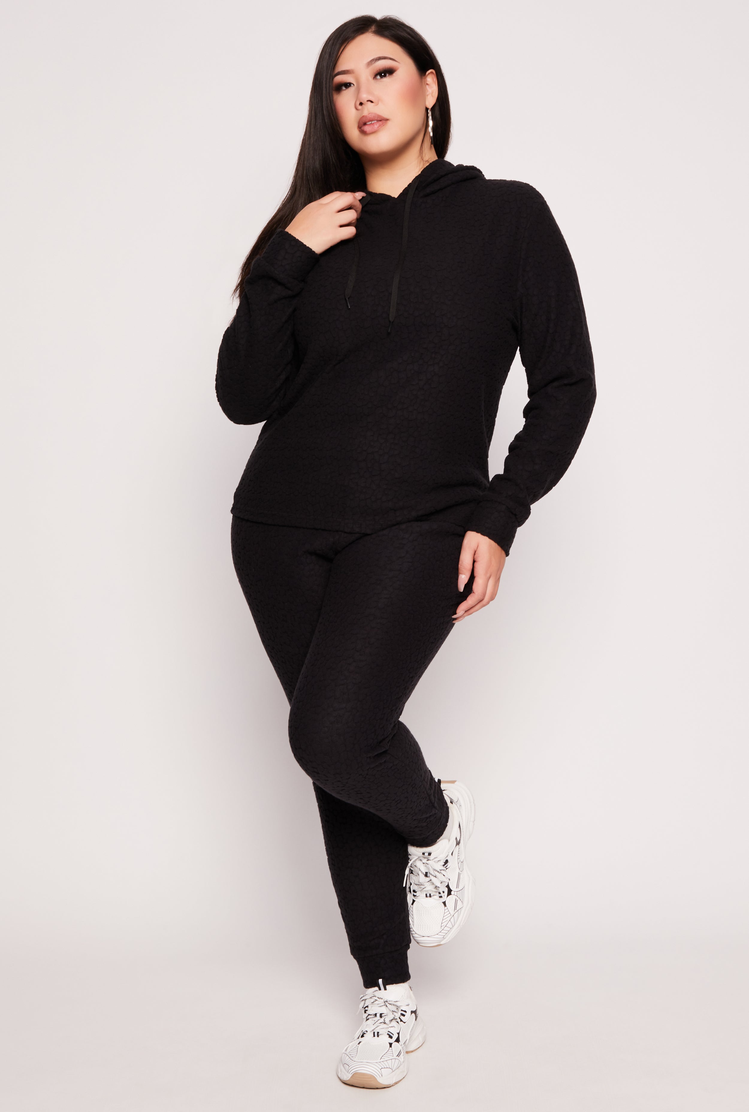 Plus Size Leopard Textured Knit Hoodie、mySite、camillekostekn