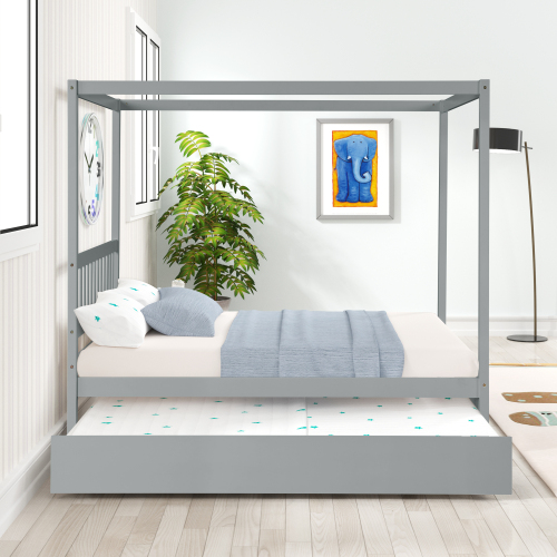 Full Size Canopy Bed with Twin Trundle, Kids Solid Wood Platform Bed Frame w/ Headboard, No Box Spring Needed Grey Color、、xpatfood