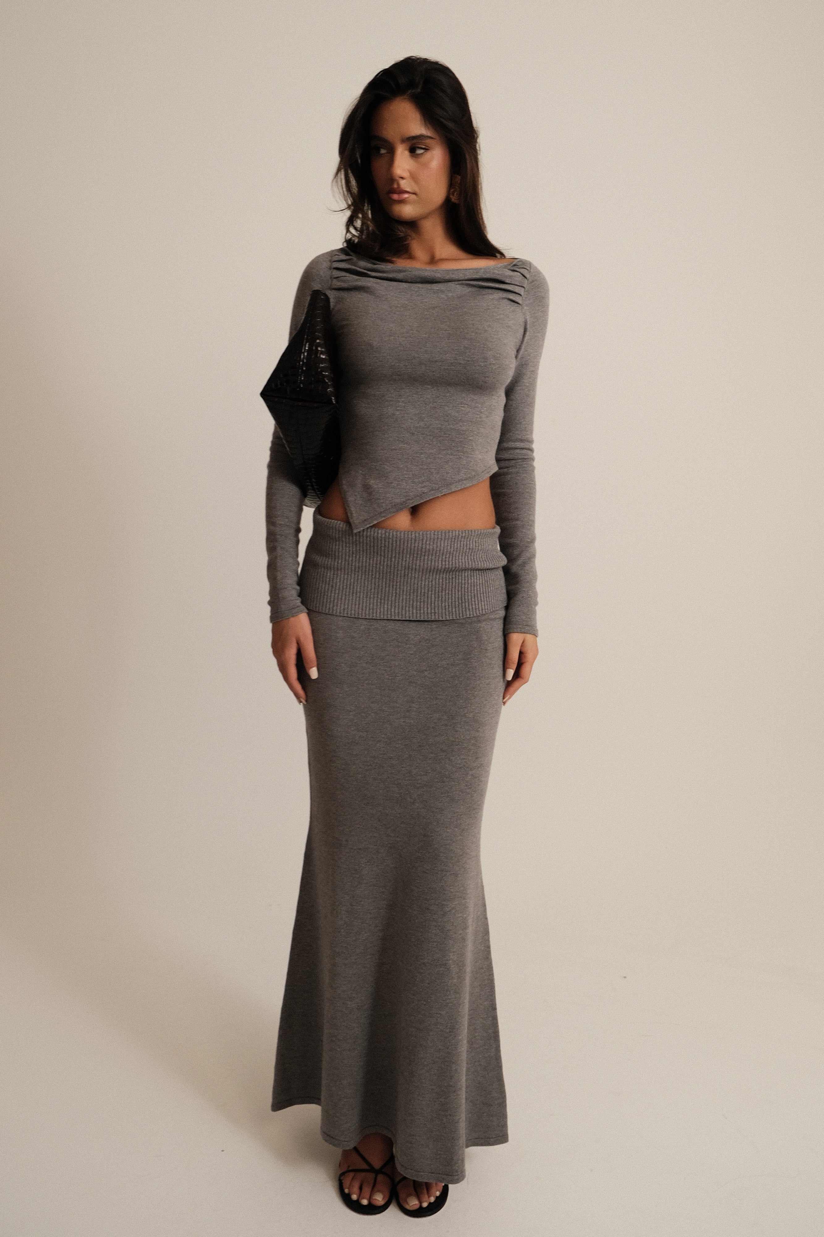 Karlie Knit Maxi Skirt With Ribbed Waist - Charcoal Marle、mySite、solidvoid