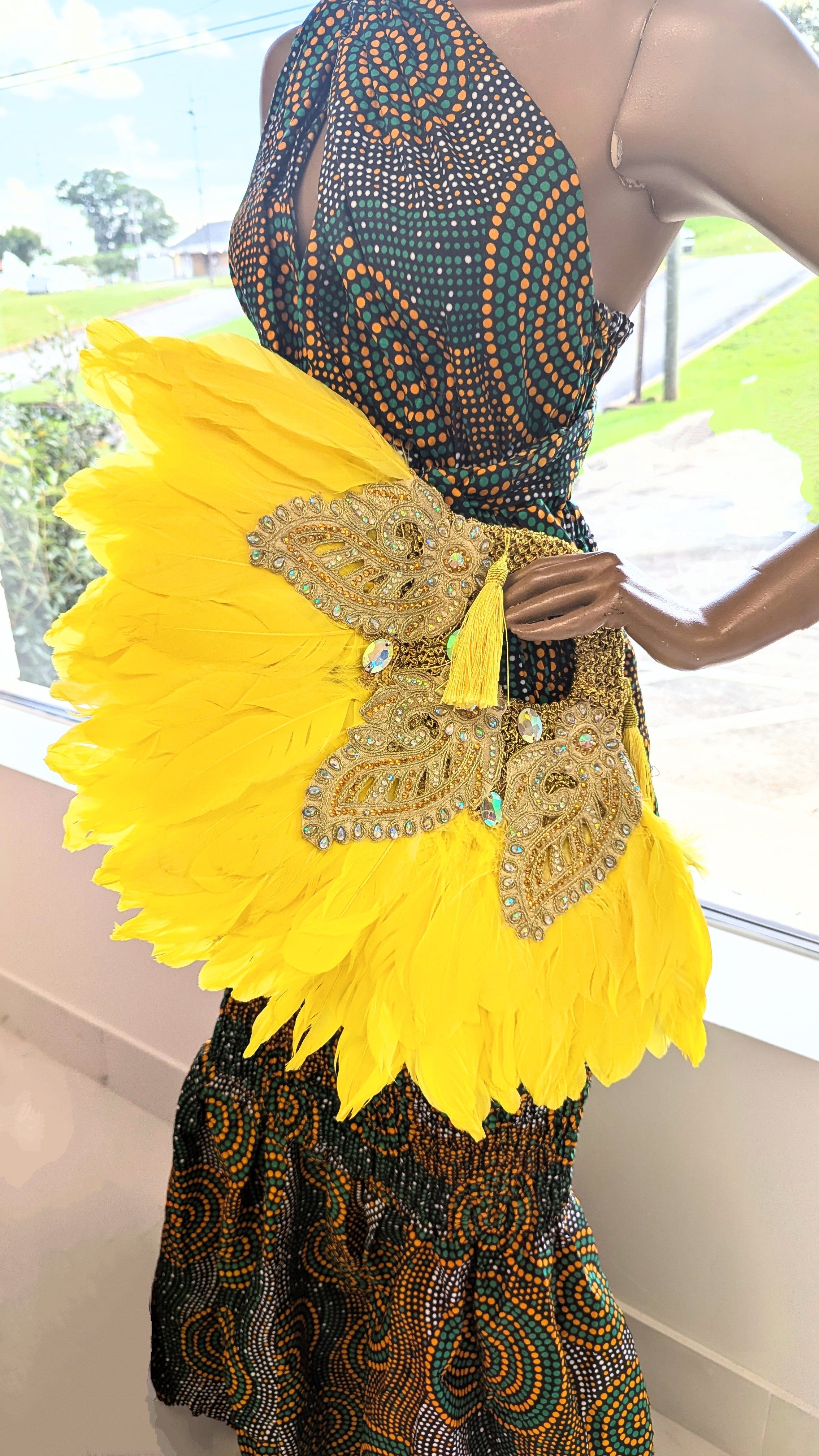 Dupsie's Ladunni Yellow and Gold African feather fan DPPFYG77、mySite、solidvoid