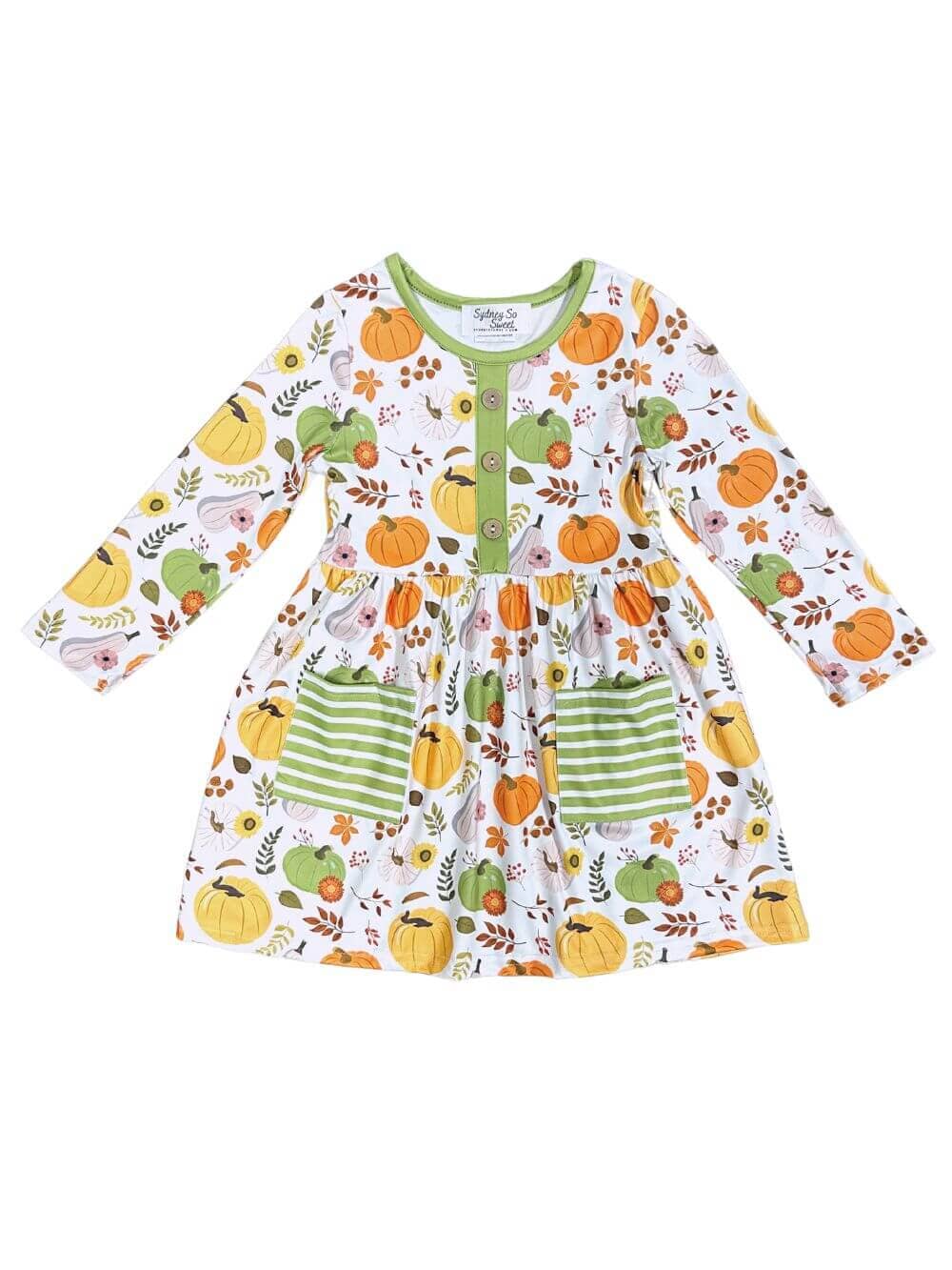 Pumpkin Season Green Striped Pocket Girls Dress、mySite、camillekostekn