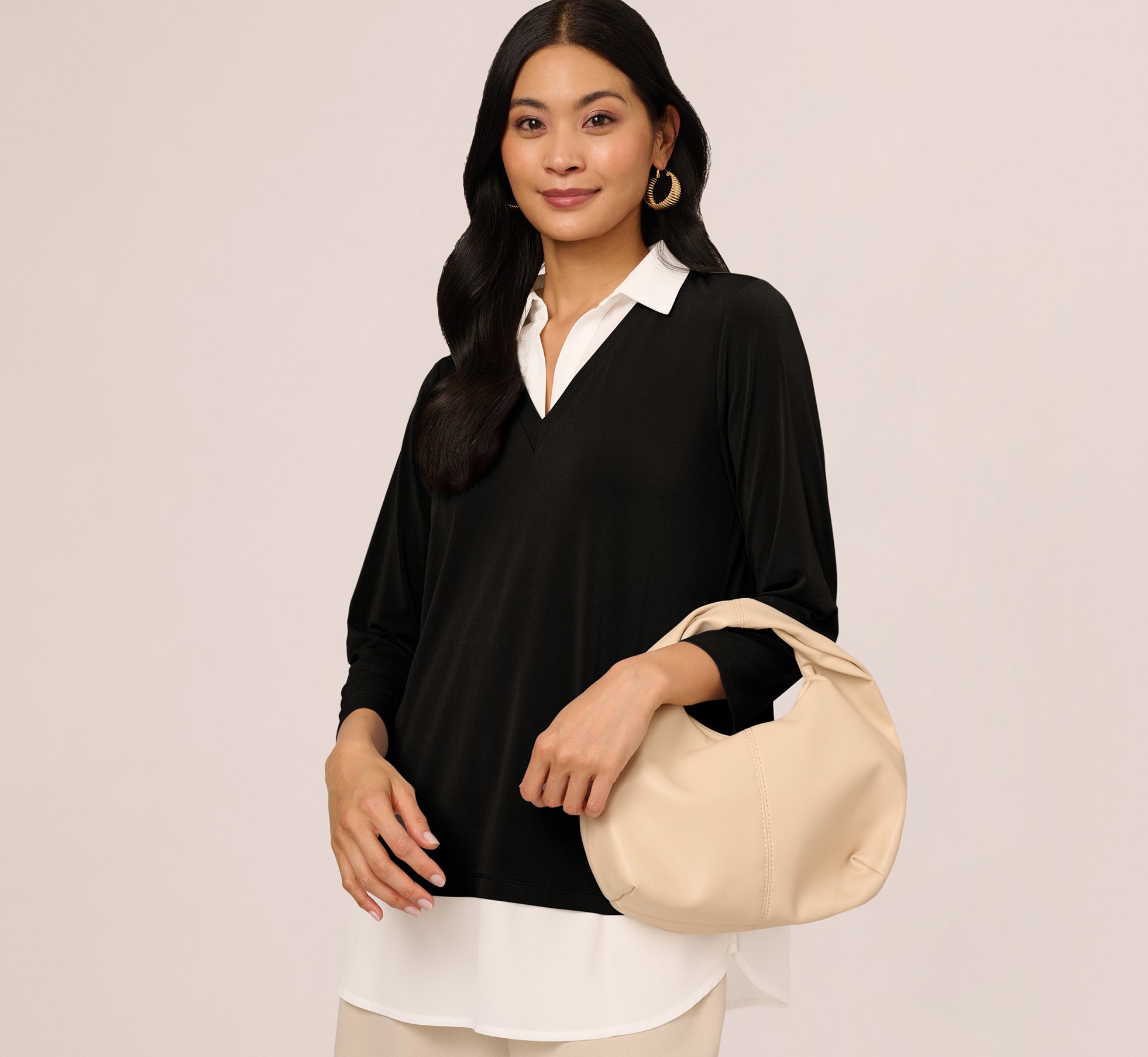 Three Quarter Sleeve Collared Twofer Sweater In Black Ivory、mySite、solidvoid