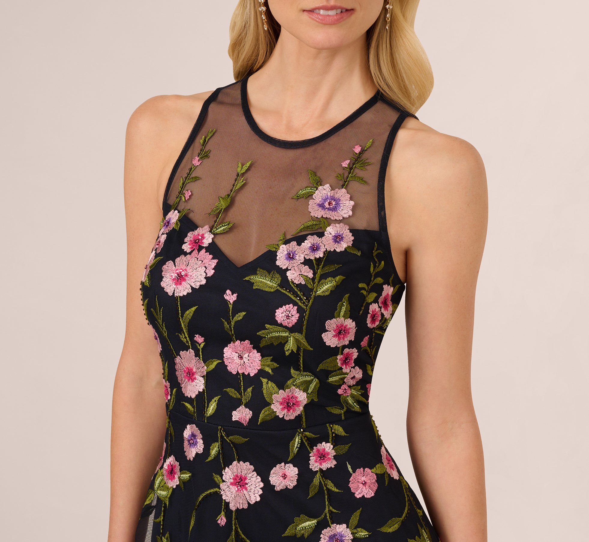 Floral Embroidered Illusion Midi Dress In Midnight Multi、mySite、solidvoid