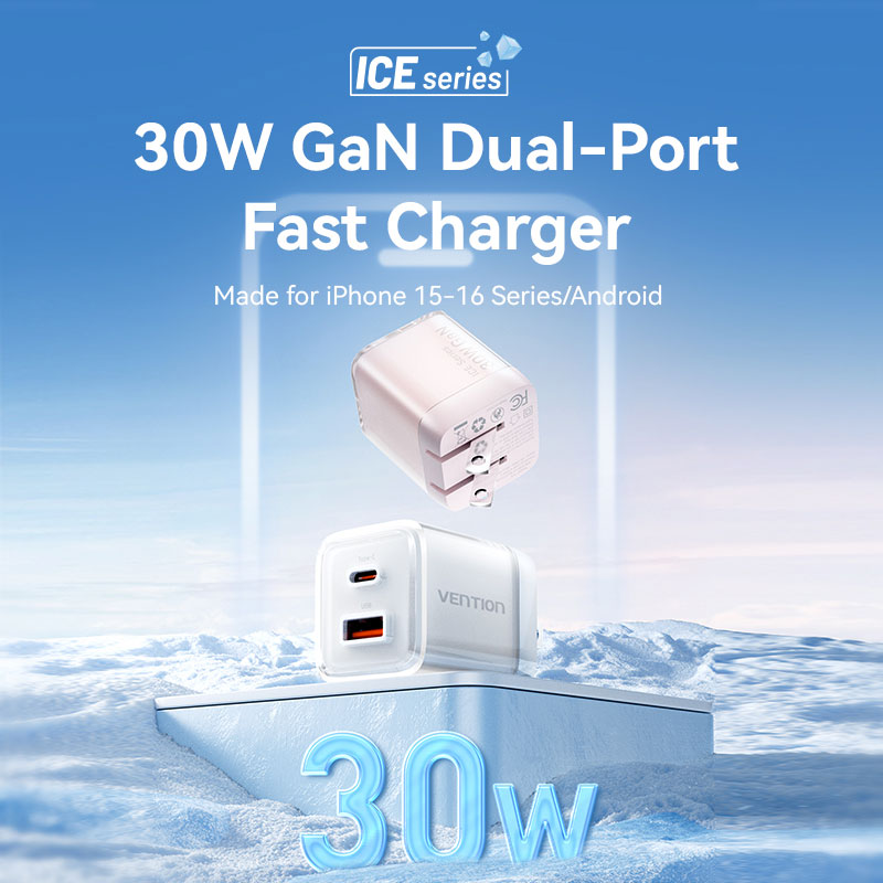 Vention 2-Port USB (C + A) GaN Charger (30W/30W) US-Plug、mySite、fannypackpong