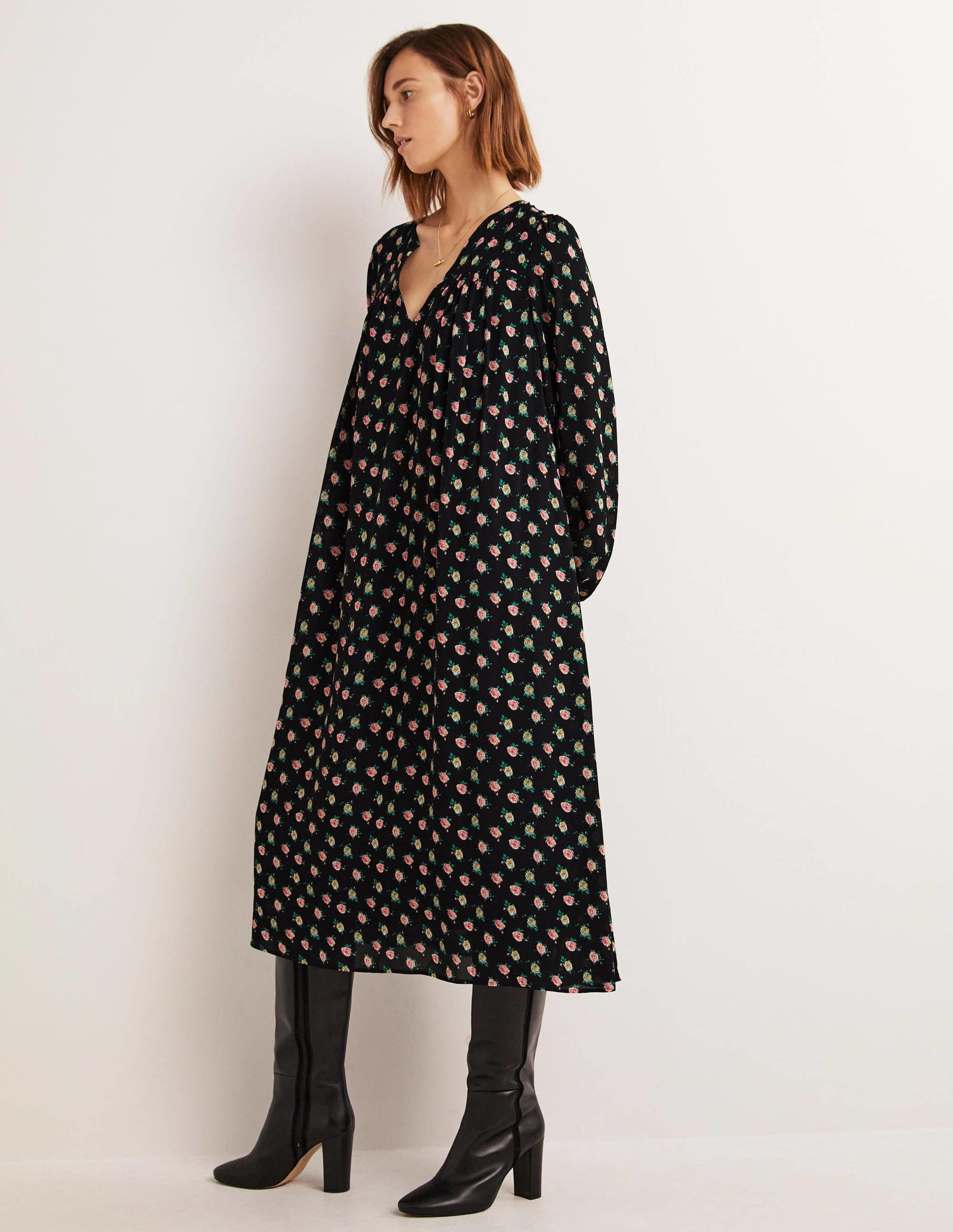  Gathered Yoke Midi Dress-Black, Painterly Rose、mySite、ashleygrahame