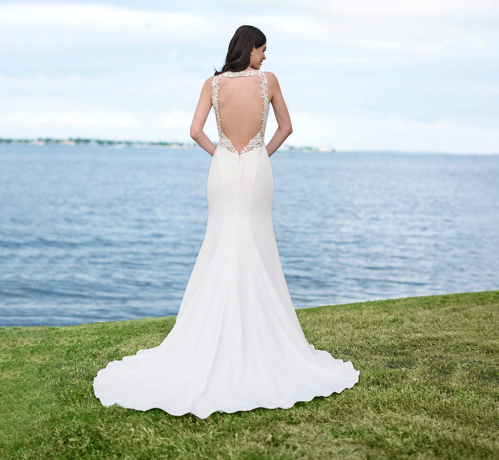 Lace And Stretch Crepe Gown With Halter Neckline In Ivory Nude、mySite、solidvoid