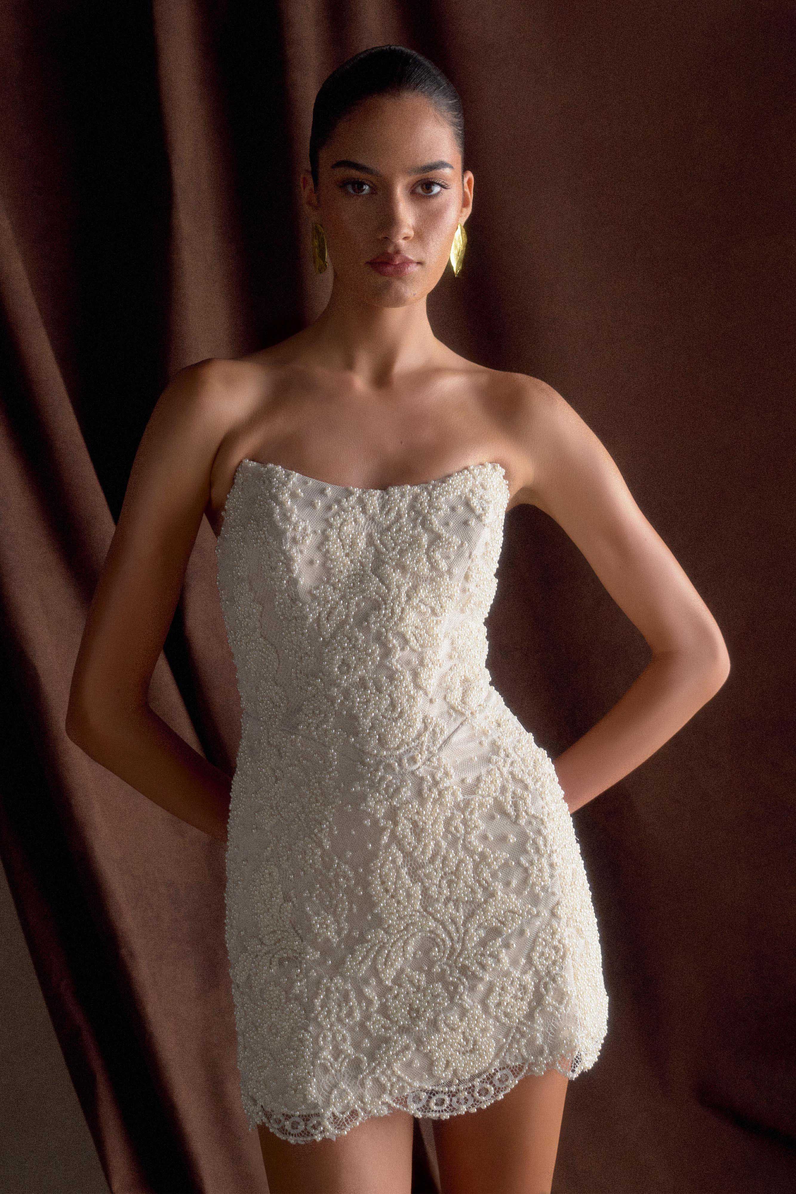 Eva Hand Beaded Pearl & Lace Mini Dress - White、mySite、solidvoid