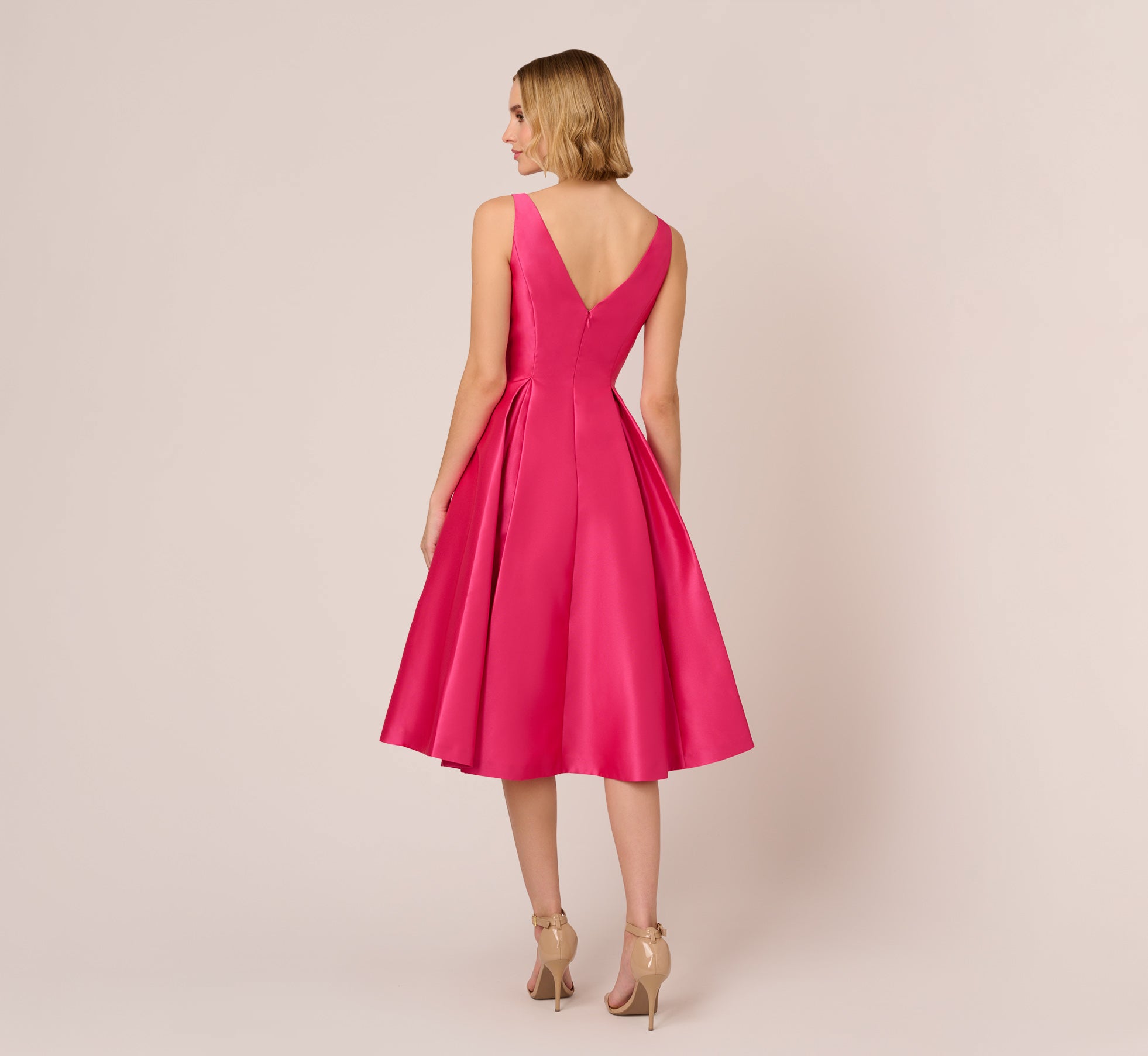 Sleeveless Mikado Fit And Flare Midi Dress With V-Back In Electric Pink、mySite、solidvoid