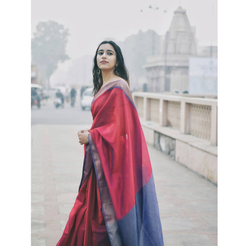 Festive Wear | Maheshwari Cotton Silk Saree | Red & Blue、mySite、camillekostekn