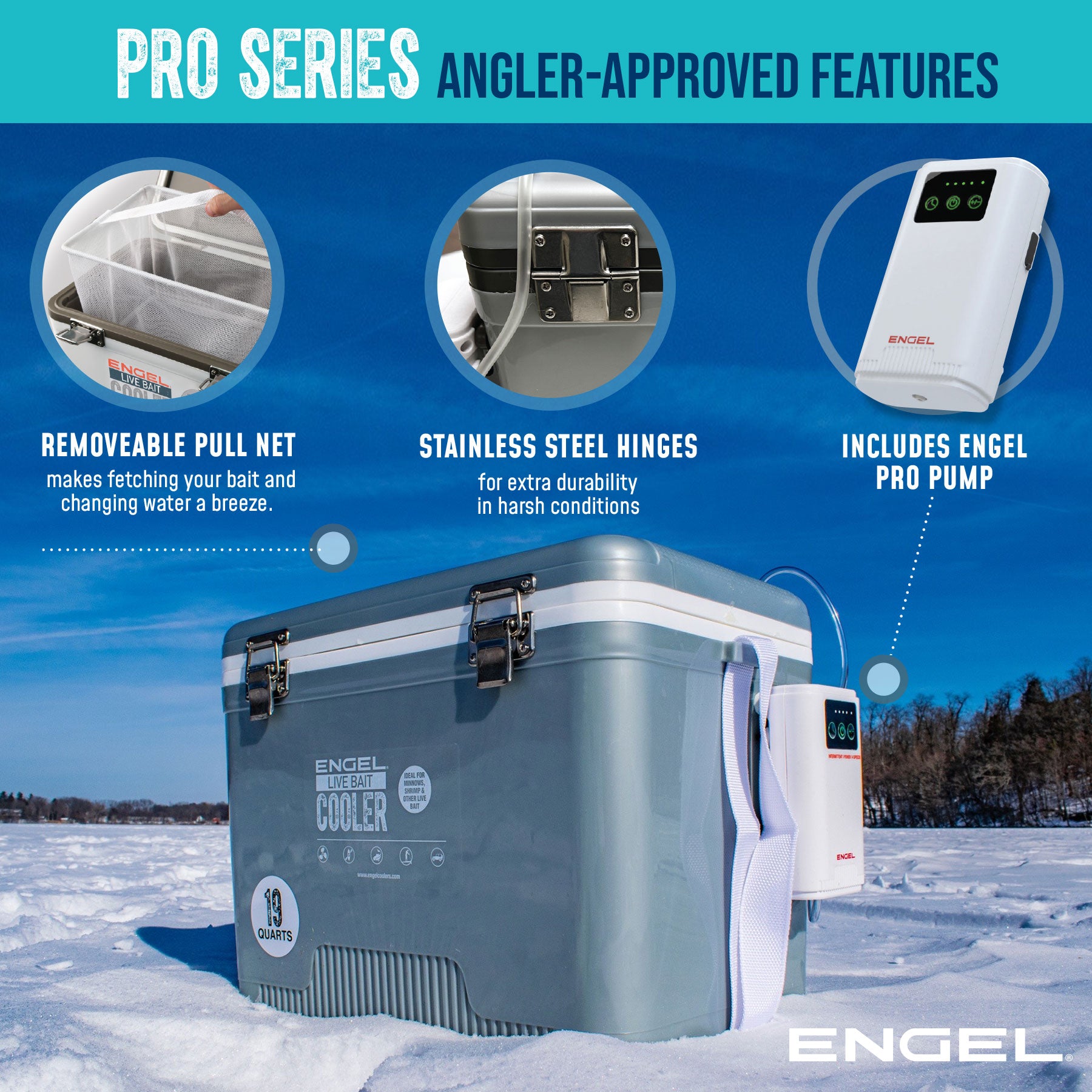 Engel 19Qt Live bait Pro Cooler with AP3 Rechargeable Aerator & Stainless Hardware、mySite、noshort