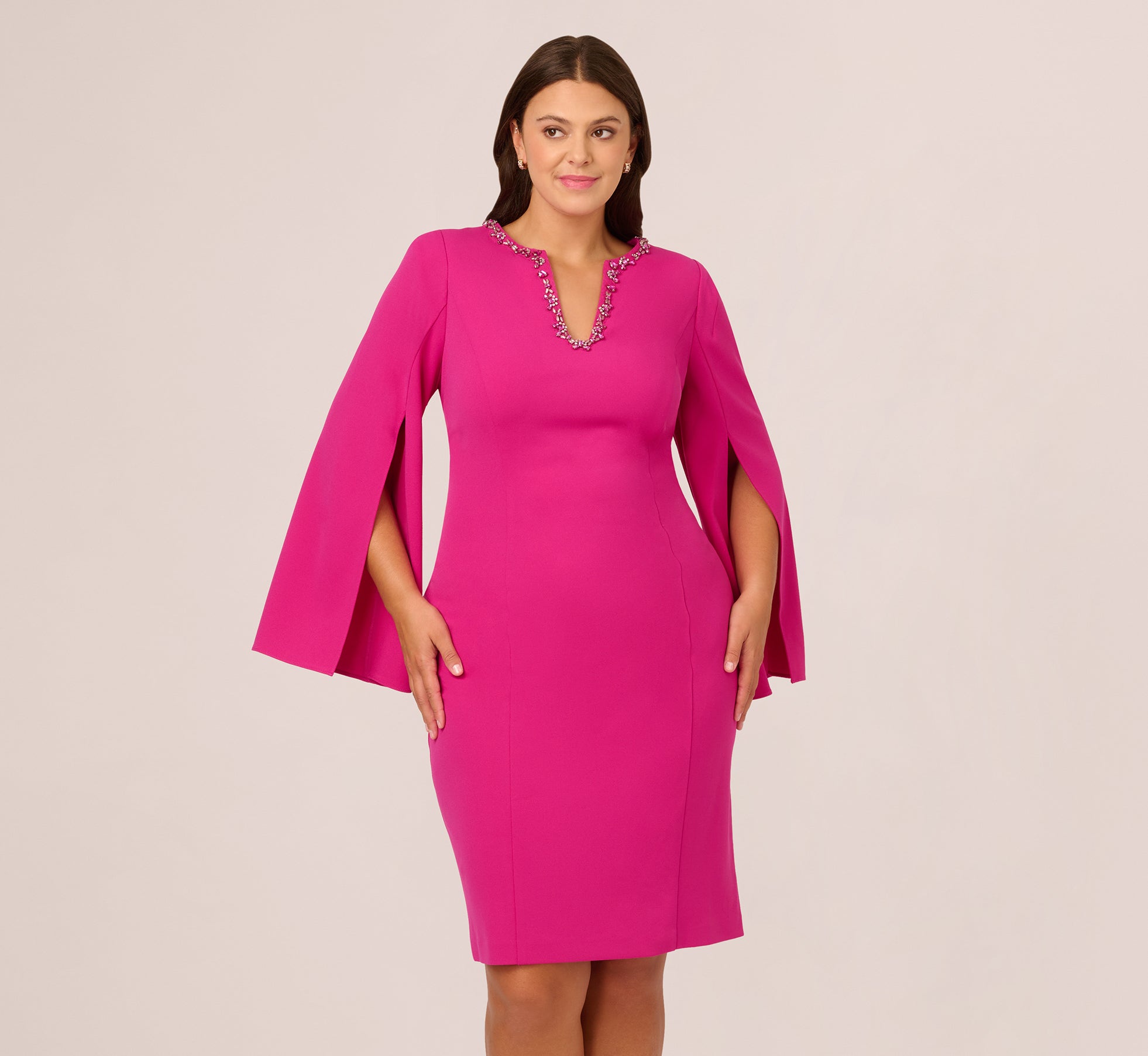 Plus Size Knit Crepe Jewel Short Dress In Berry Rose、mySite、solidvoid