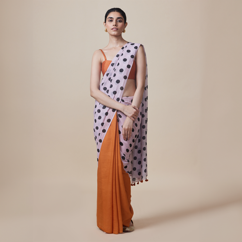 Cotton Solid Saree with Blouse | Polka Dots | Orange & Lilac、mySite、camillekostekn