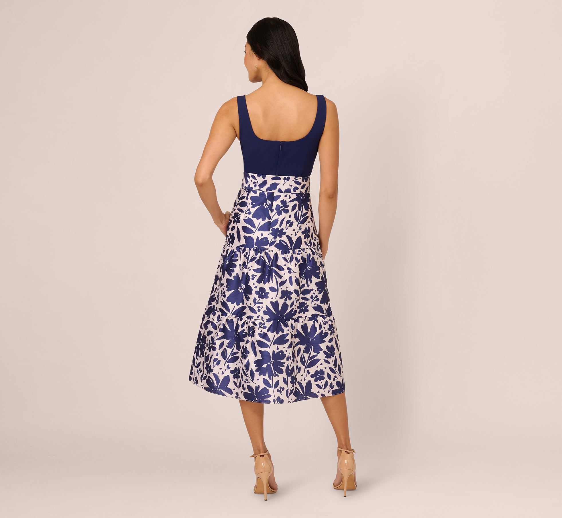 Sleeveless Floral Combo Flounce Dress In Navy Ivory、mySite、solidvoid