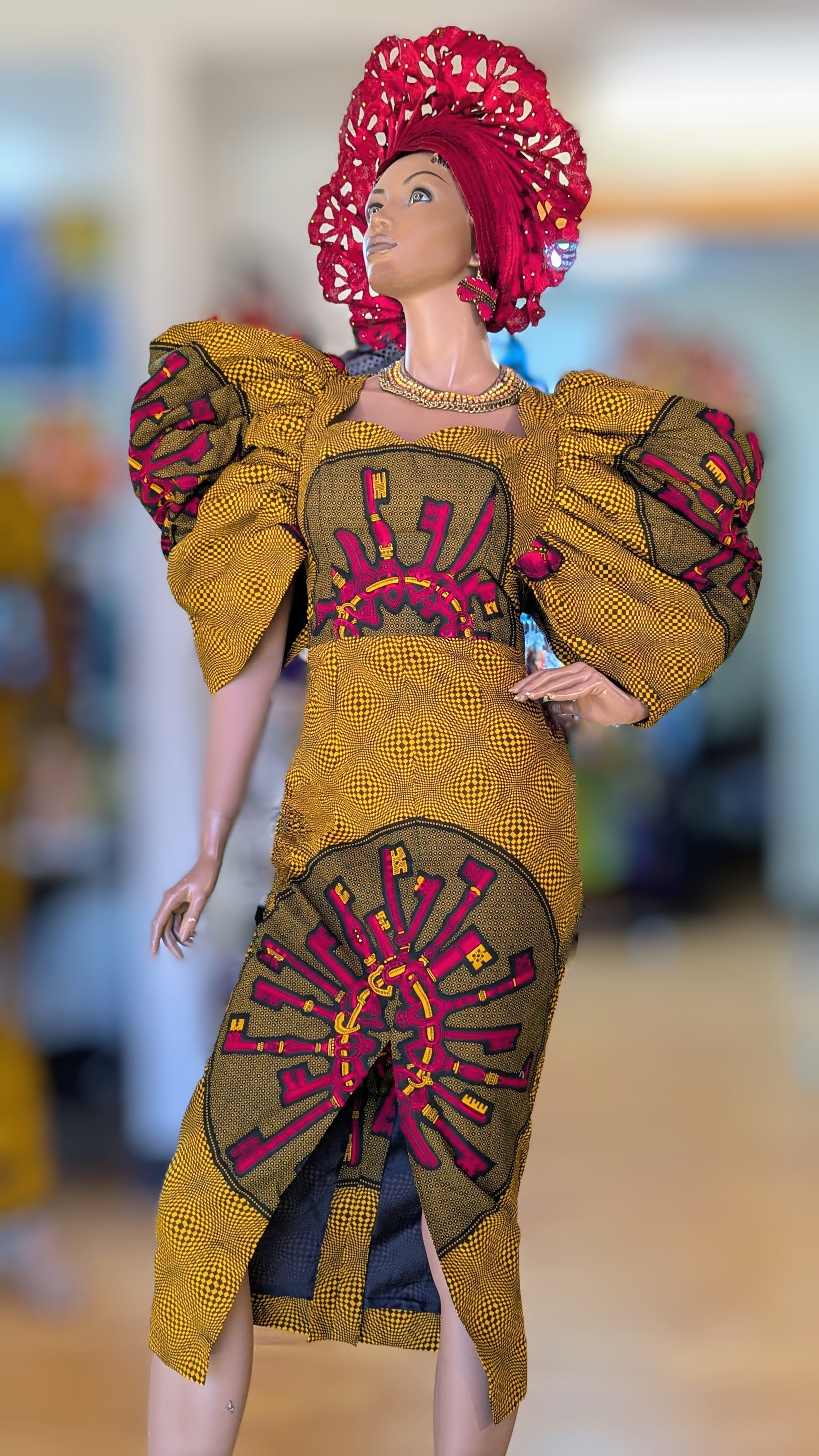 Dupsie's Keyes African print Ankara dress with oversized sleeves with keys pattern DPAPDK32、mySite、solidvoid