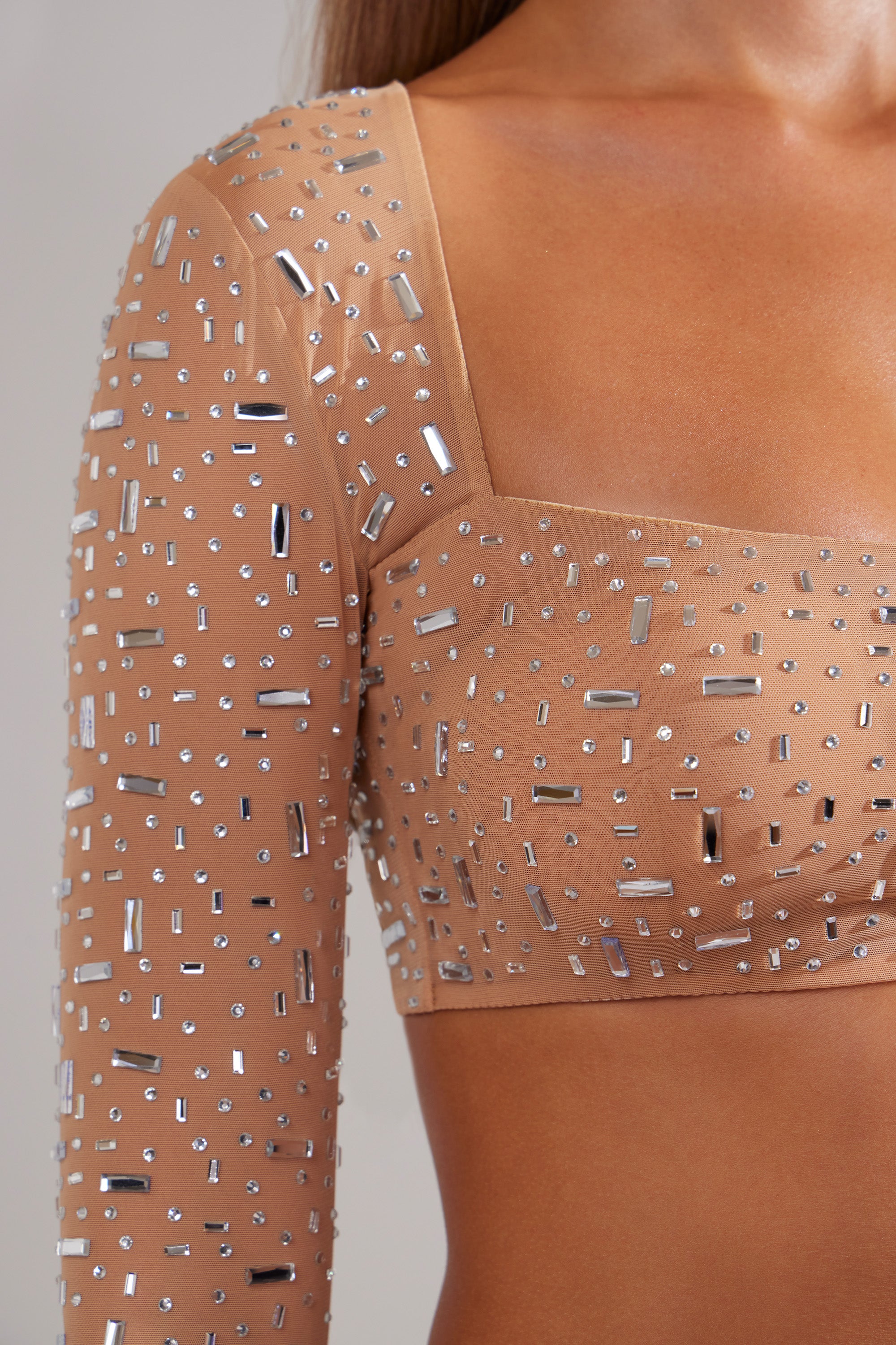 Sheer Embellished Long Sleeve Crop Top in Almond、mySite、solidvoid