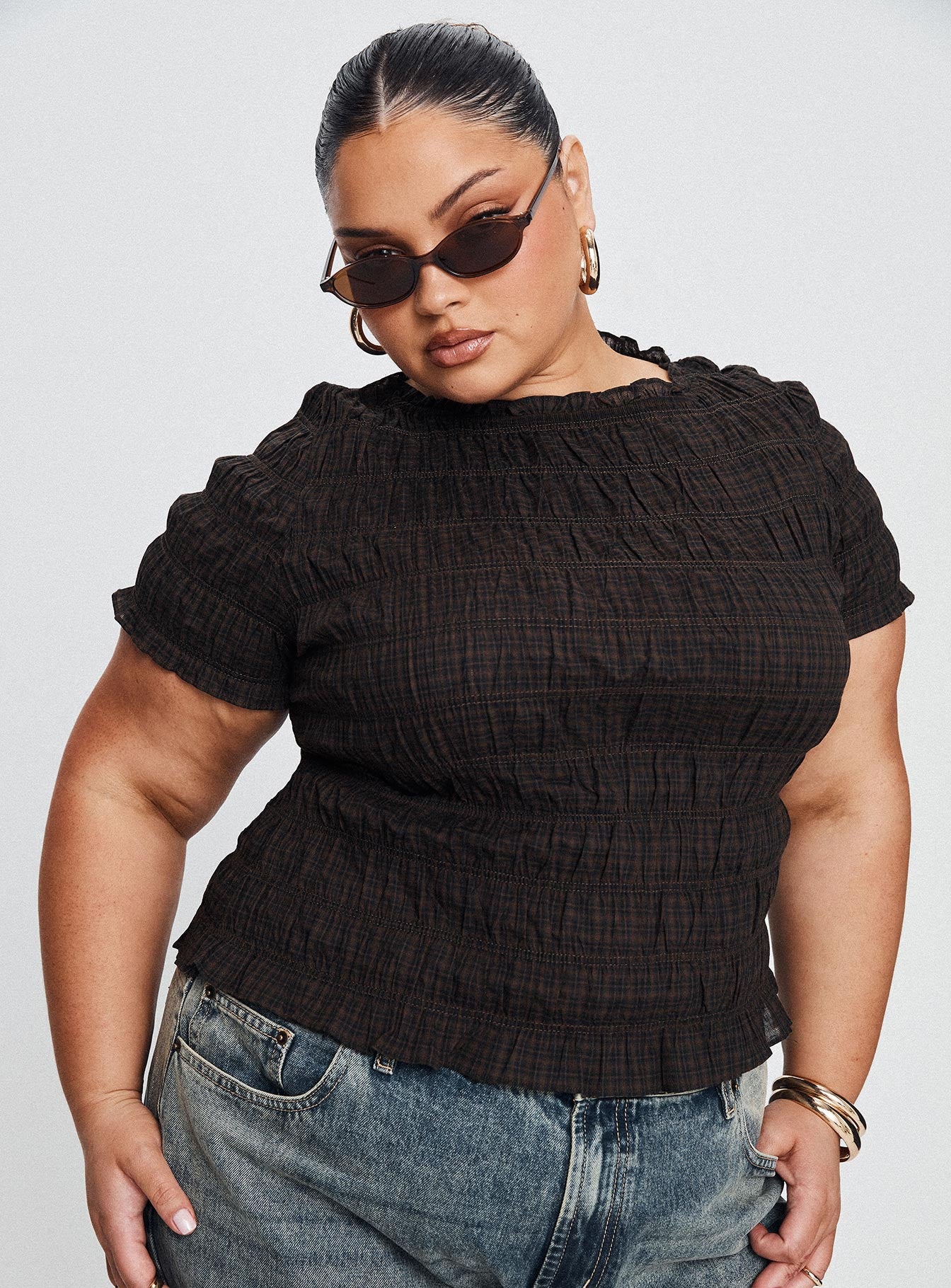 Romelle Shirred Top Black / Brown Plaid、mySite、solidvoid