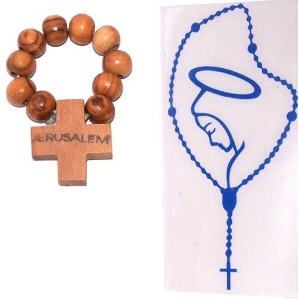  Holy Land Market Large Transparent Rosary with Blessed Mother Mary Sticker for Your car (18 x 9 cm - 7 x 3.5 inches) + Olive Wood Finger Rosary from Bethlehem、mySite、elrpsem3k